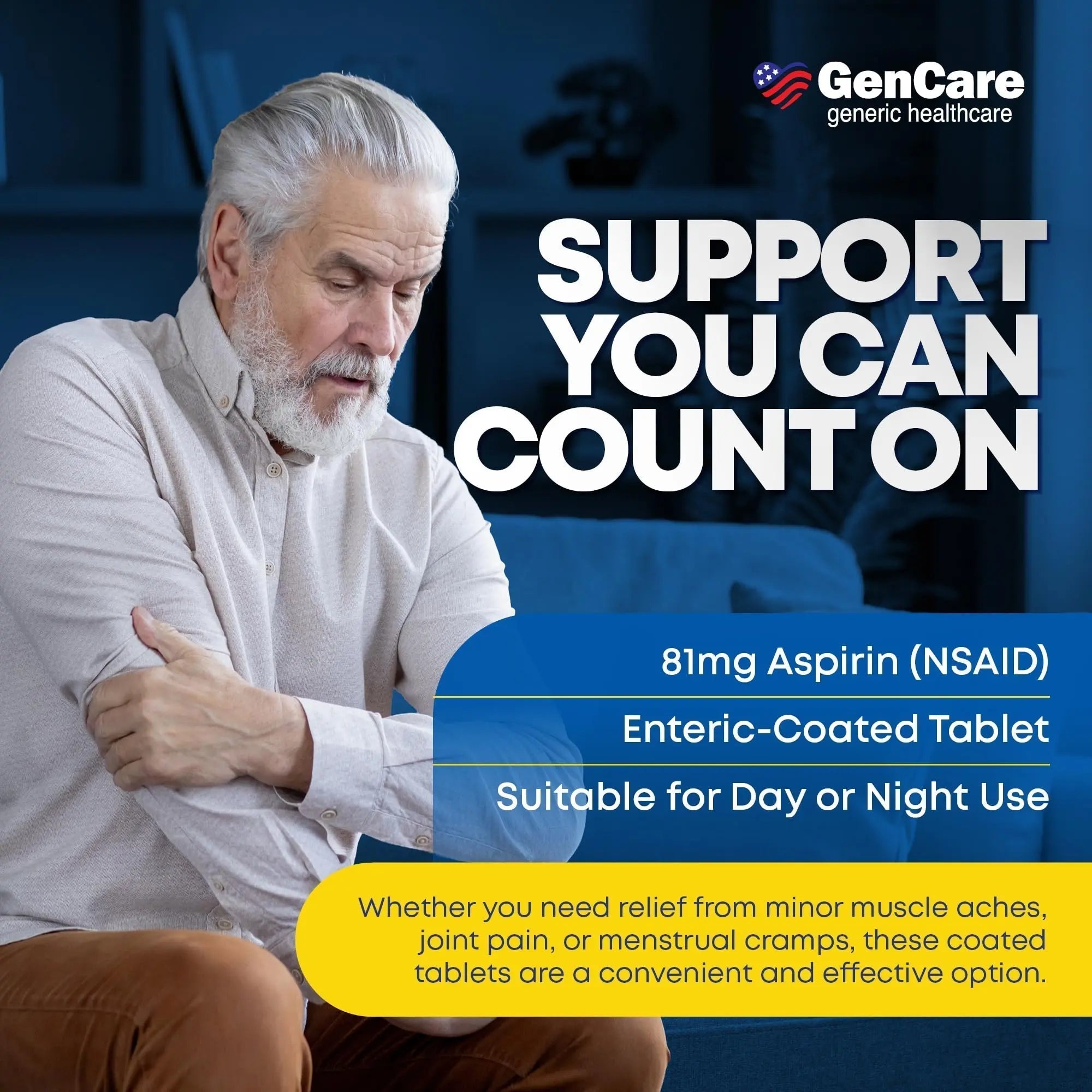 GenCare - Low Dose Aspirin 81mg for Adults Coated (NSAID) 500 Tablets | Adult Low Dose | Enteric Coated Aspirin Pills | Muscle Pain & Menstrual Pain Relief | Fever Reducer | Generic Bayer GenCare Au supplements