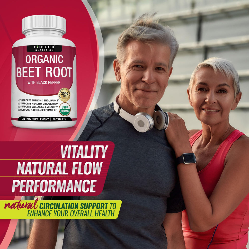 Toplux Organic Beet Root Powder Tablets - 2040mg Natural Nitric Oxide Beets to Support, Energy, Black Pepper Better Absorption, Non-GMO, for Men Women, 90 Tablets