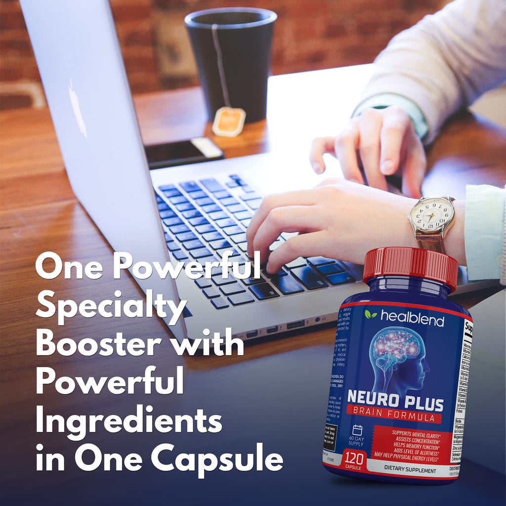 Neuro Plus Brain & Focus Formula - Nootropic Brain Booster Supplement, Supports Brain Health, Mental Clarity & Focus - Enhances Concentration & Mental Energy – 120 Capsules (1) healblend Au supplements