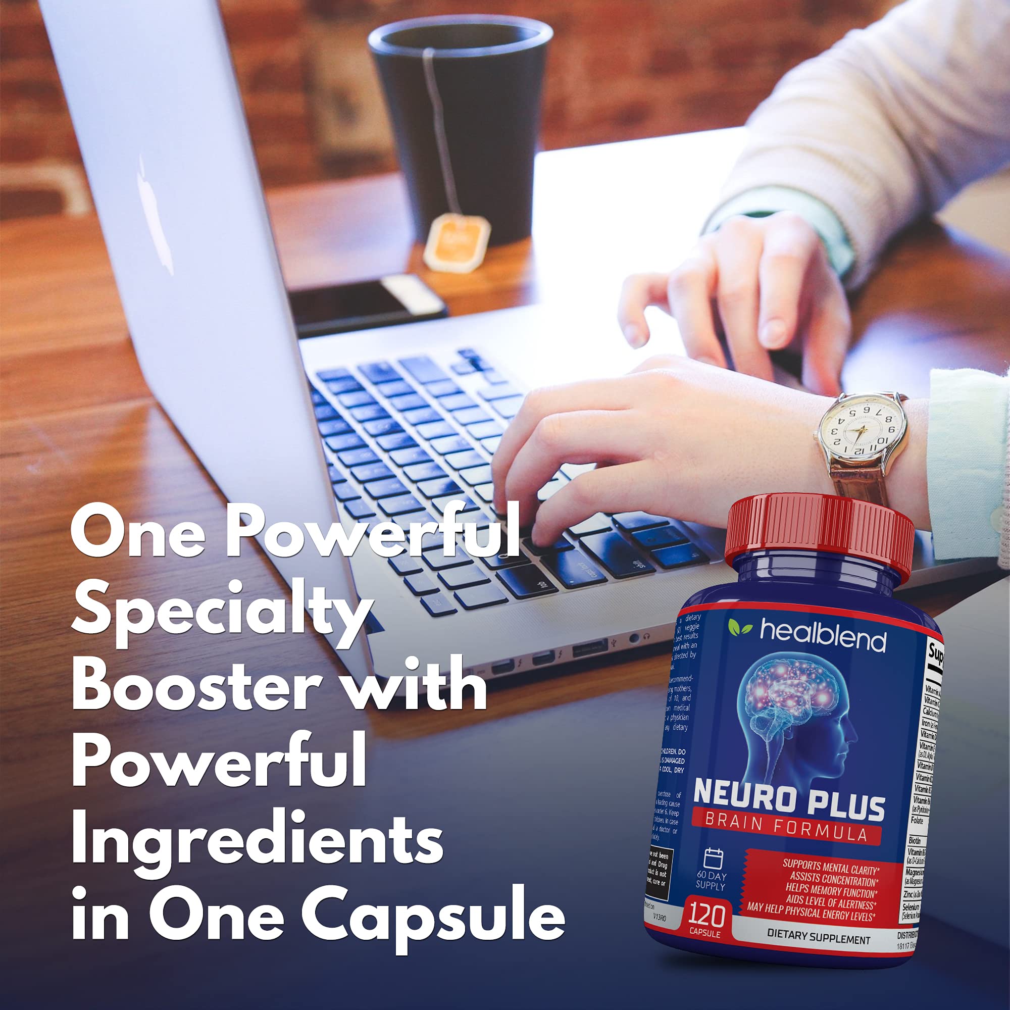 Neuro Plus Brain & Focus Formula - Nootropic Brain Booster Supplement, Supports Brain Health, Mental Clarity & Focus - Enhances Concentration & Mental Energy – 120 Capsules (1) healblend Au supplements