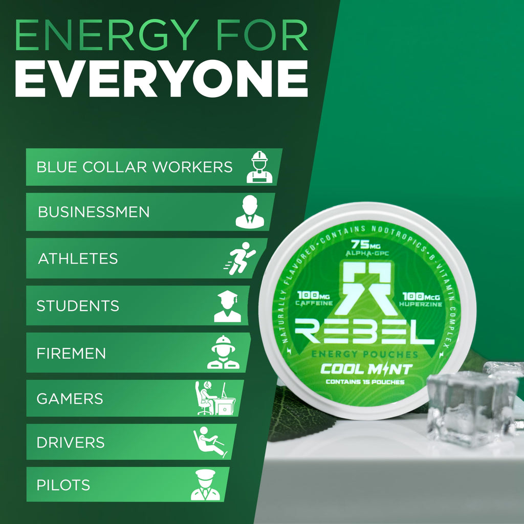 Rebel Nootropic Energy Caffeine Pouches (Cool Mint) • 100mg Caffeine • Alpha GPC • Huperzine A & Essential Vitamins • Sugar-Free • Coconut Fiber Technology • 15 Pouches Per Can (Pack of 4) Rebel Supplements Au supplements