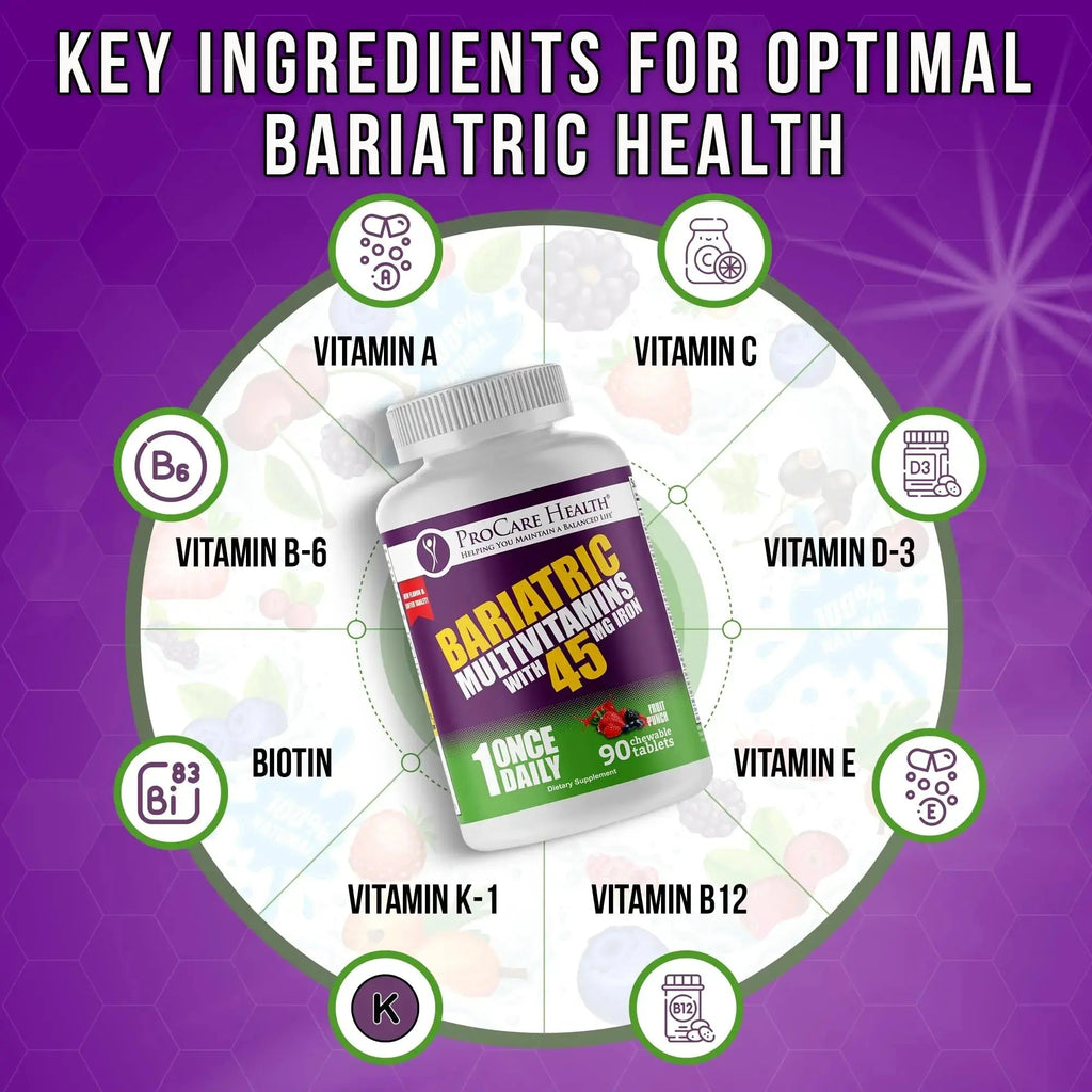Procare Health Bariatric Multivitamin with Iron 45mg Chewable (90 Tablets) - Fruit Punch Flavor Bariatric Multivitamin Chewable Pills for Gastric Bypass ProCare Health Au supplements