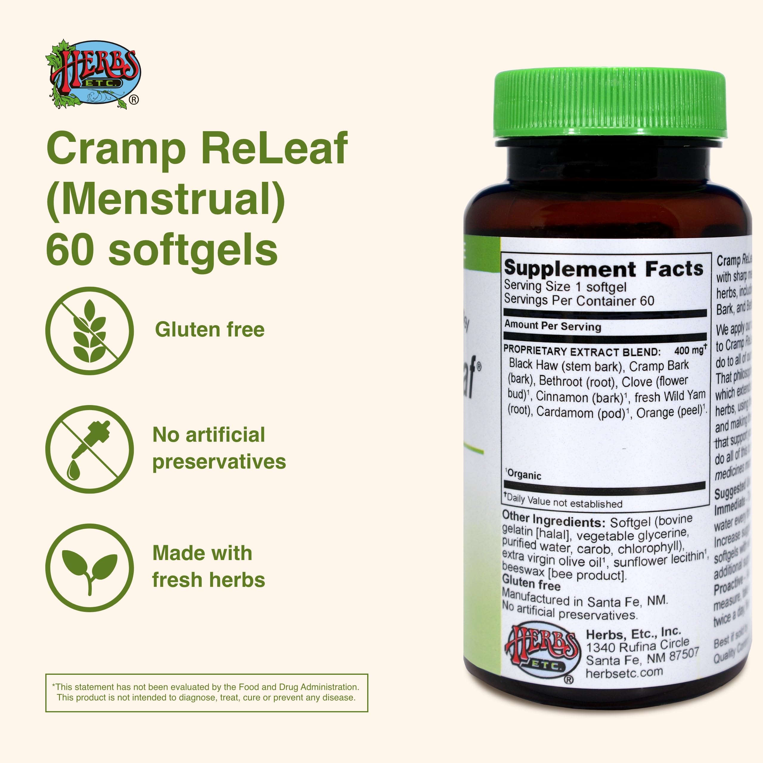 Herbs Etc. Cramp ReLeaf (Menstrual) - Abdominal Muscle Support - Herbal Supplement to Aid Menstrual Health - Period Cramp Support with Black Haw, Cramp Bark and Bethroot - 60 Softgels (60 Servings) Herbs Etc. Au supplements