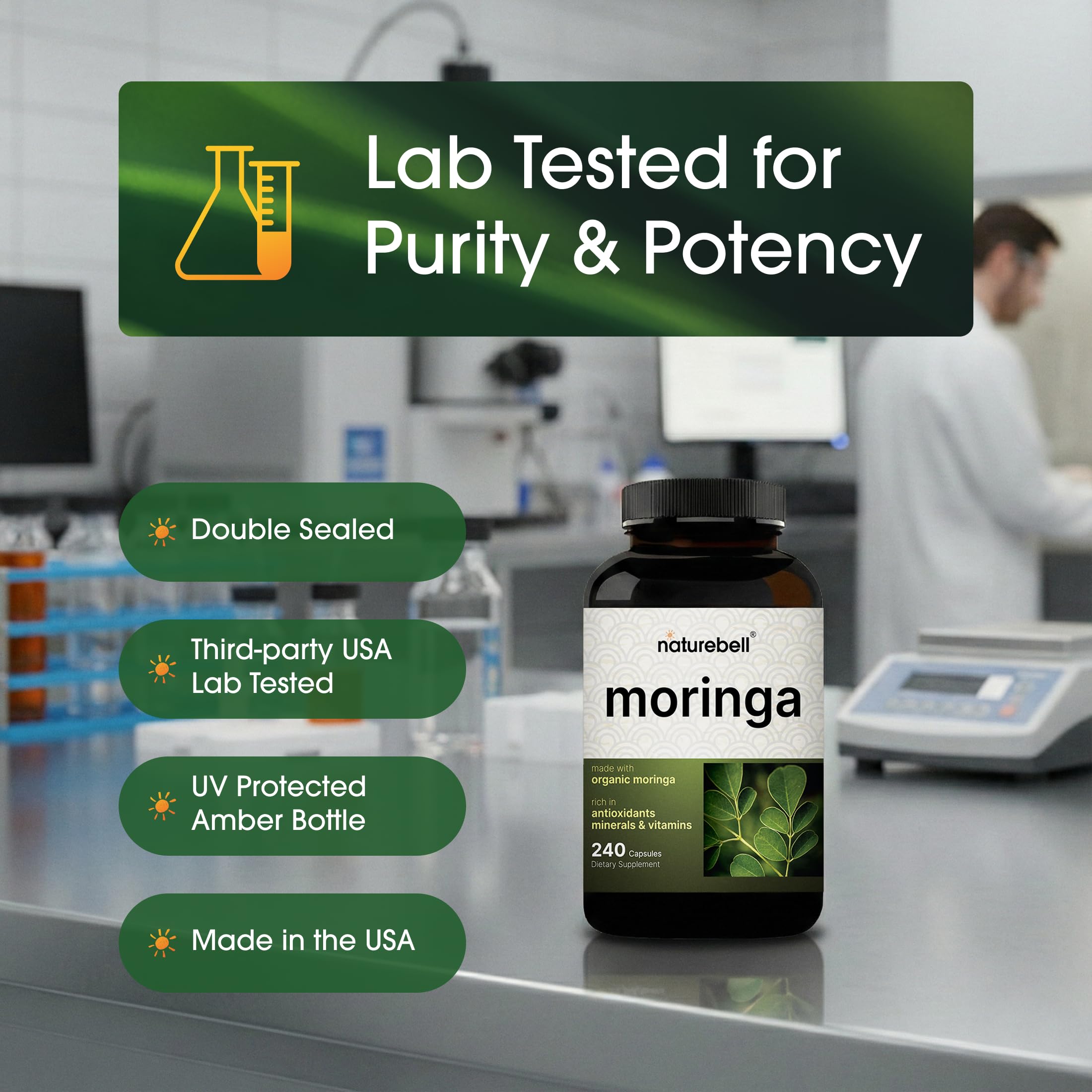NatureBell Moringa - 240 Capsules - Organic Moringa for Immune, Energy & Skin Health Support - Green Superfood Properties