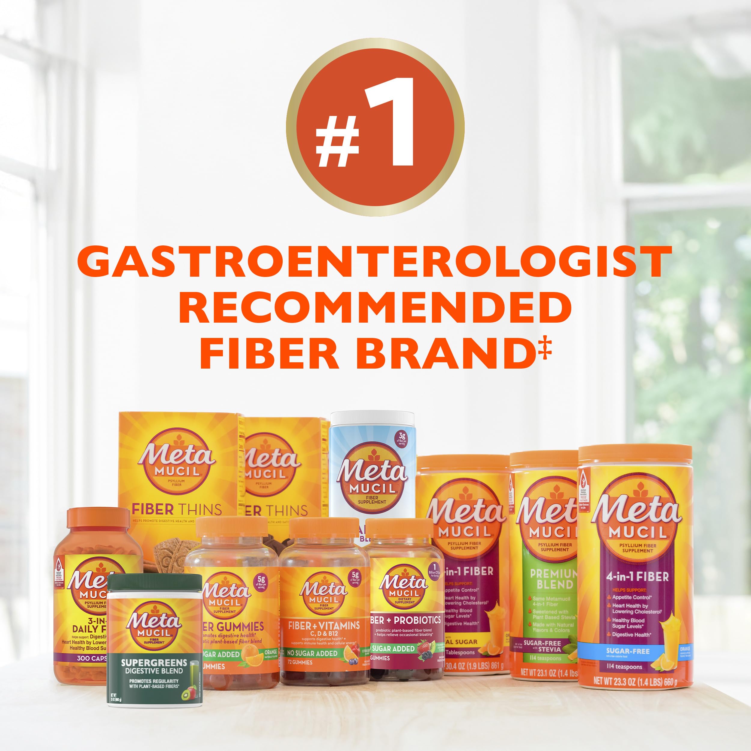 Metamucil 4-in-1 Psyllium Husk Friendly Fiber Supplement, Sugar-Free, 180 teaspoons, Orange Flavored, Daily Fiber Powder for Digestive Health