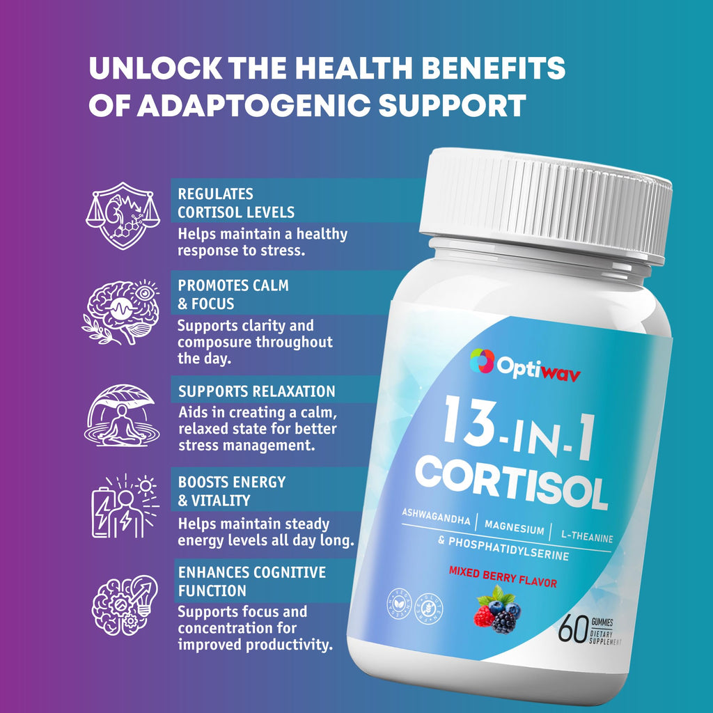 Optiwav Cortisol Reducer Gummies for Women Men - 13-in-1 Daily Cortisol Detox Manager Supports Stress Mood Balance Focus & Health Balance - Reduce High Cortisol with Ashwagandha Magnesium L-Theanine Optiwav Au supplements