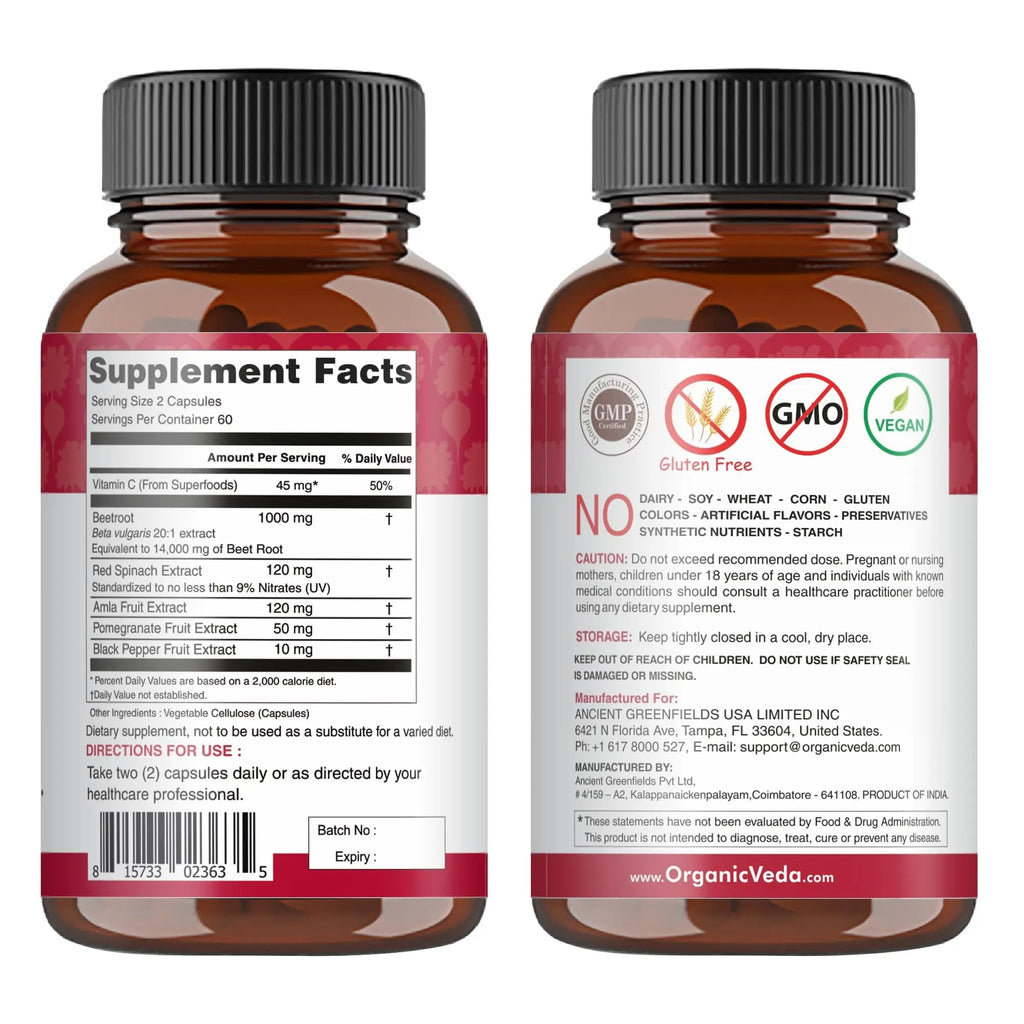 Organic Veda Beet Root Capsules - Triple Reds Nitric Oxide Beets Supplements - Concentrated Organic Veda Au supplements