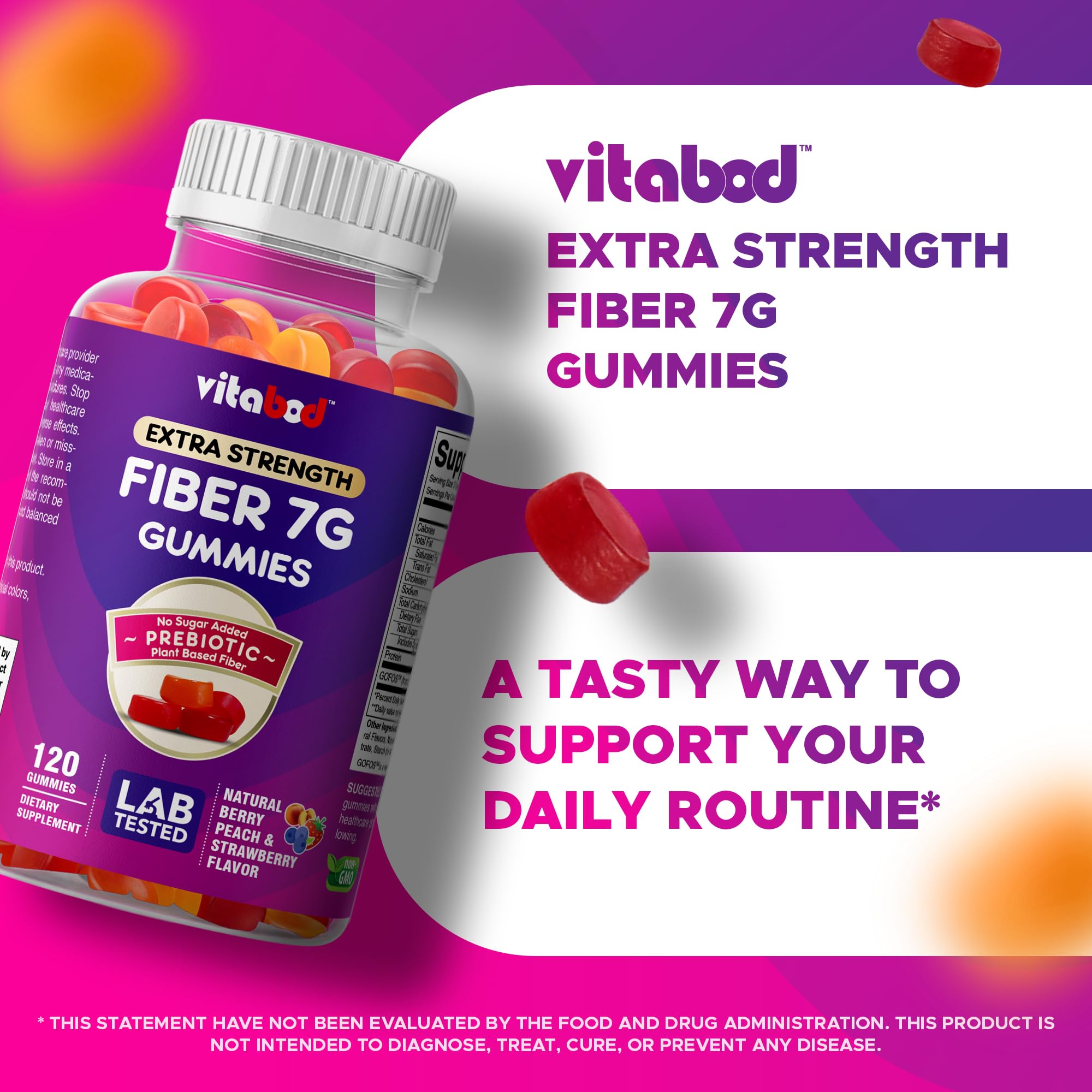 Vitabod Fiber Gummies 7G Per Serving for Digestive Health & Regularity, Prebiotic GOFOS™ Plant-Based Fiber, No Sugar Added, Vegan, Berry Peach Strawberry, 120 Gummies (Adults, Women & Men)