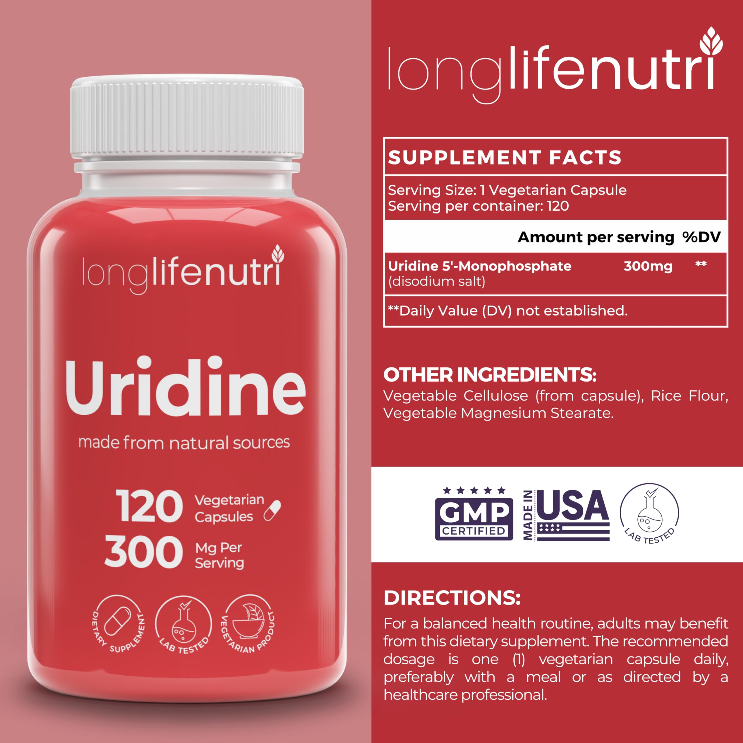 LongLifeNutri Uridine Monophosphate 300mg – Choline Precursor & Synaptic Function, Nootropic for Focus & Mental Performance, 120 Vegetarian Capsules, 4-Month Supply, GMP Certified, Made in USA LongLifeNutri Au supplements