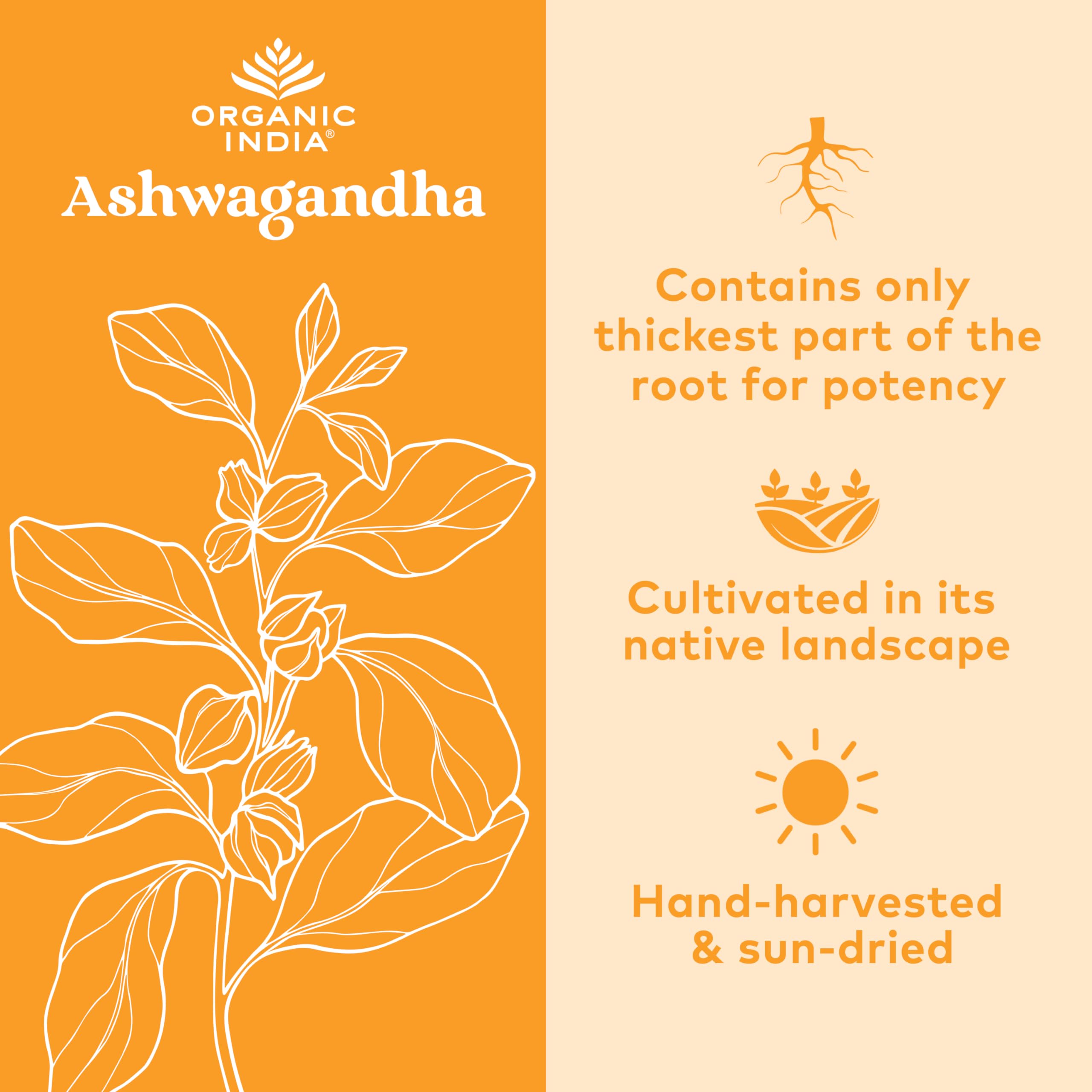 ORGANIC INDIA Ashwagandha Capsules - Organic Ashwagandha Supplement - Vegan Ashwagandha Root, Gluten-Free, Kosher, Non-GMO, Supports Stress Relief,