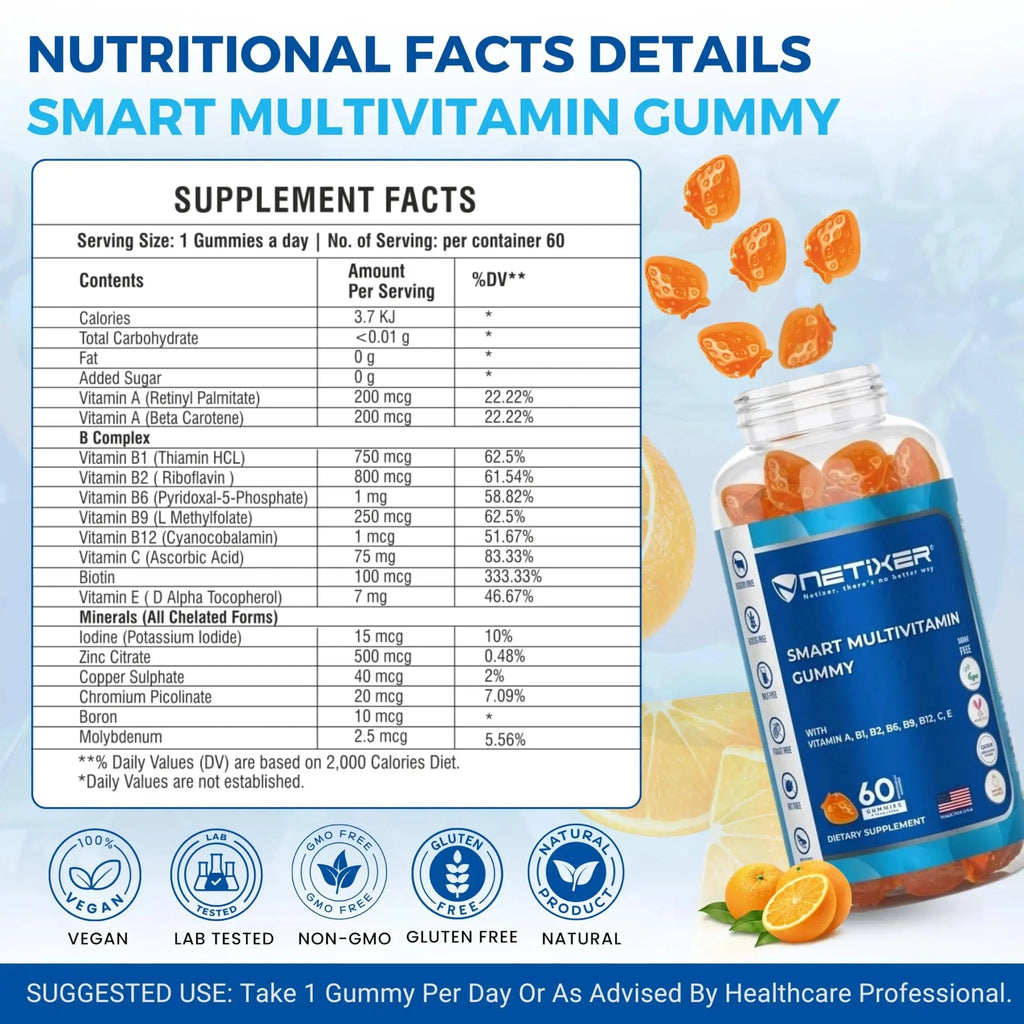 nETiXER Multivitamin Gummies – 60 Vegan Berry Gummies with Vitamins A, C, D, E, B12, Biotin, Zinc, Iodine – Gelatin-Free, Gluten-Free nETiXER Au supplements