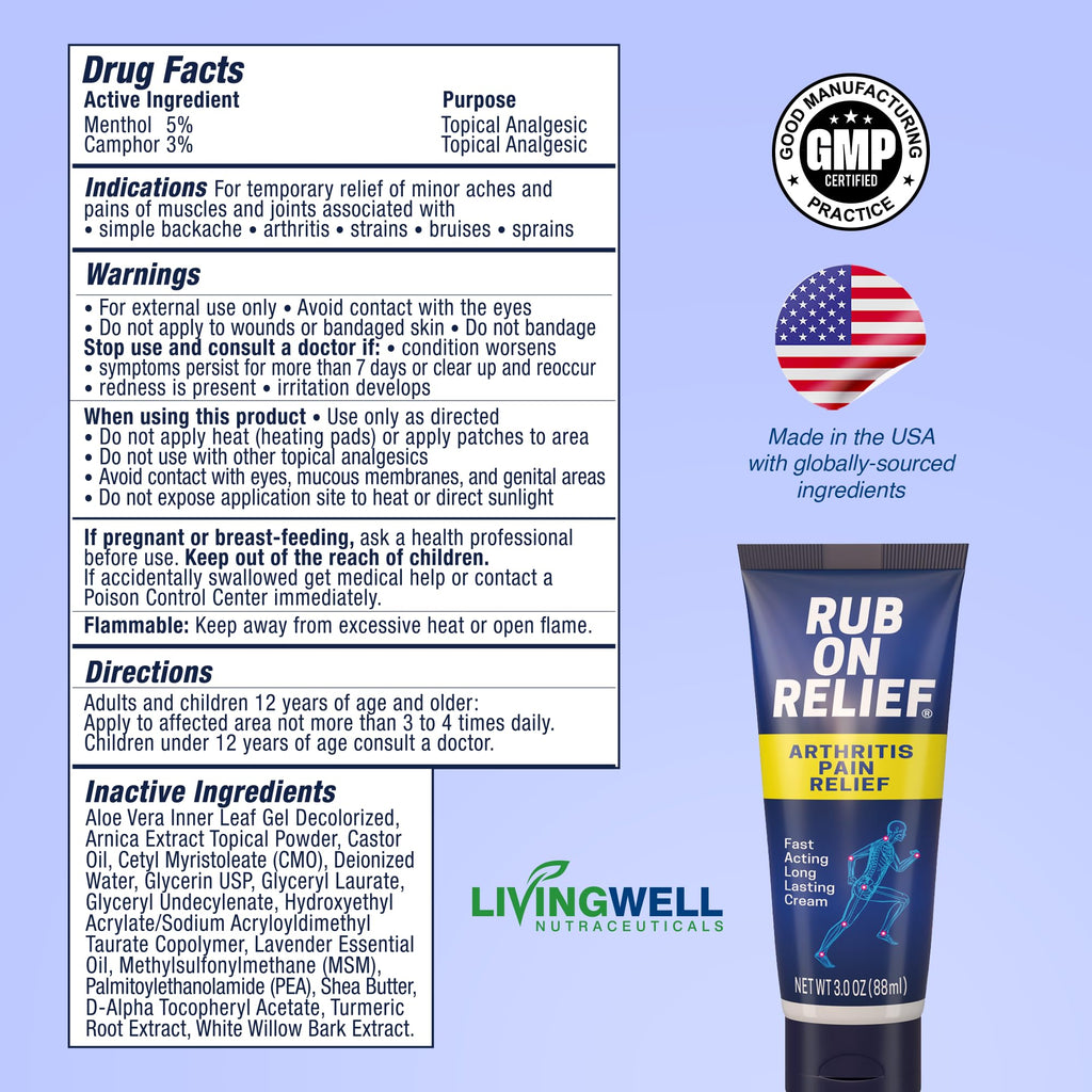 RUB ON RELIEF Arthritis Pain Relief Cream – 10-in-1 Non-Greasy Joints Pain Cream for Knees, Back, Neck, Hands, & Muscle Aches with Menthol, Camphor, Arnica, MSM & Turmeric Up to 8 Hours, 3oz (3 Pack) RUB ON RELIEF Au supplements
