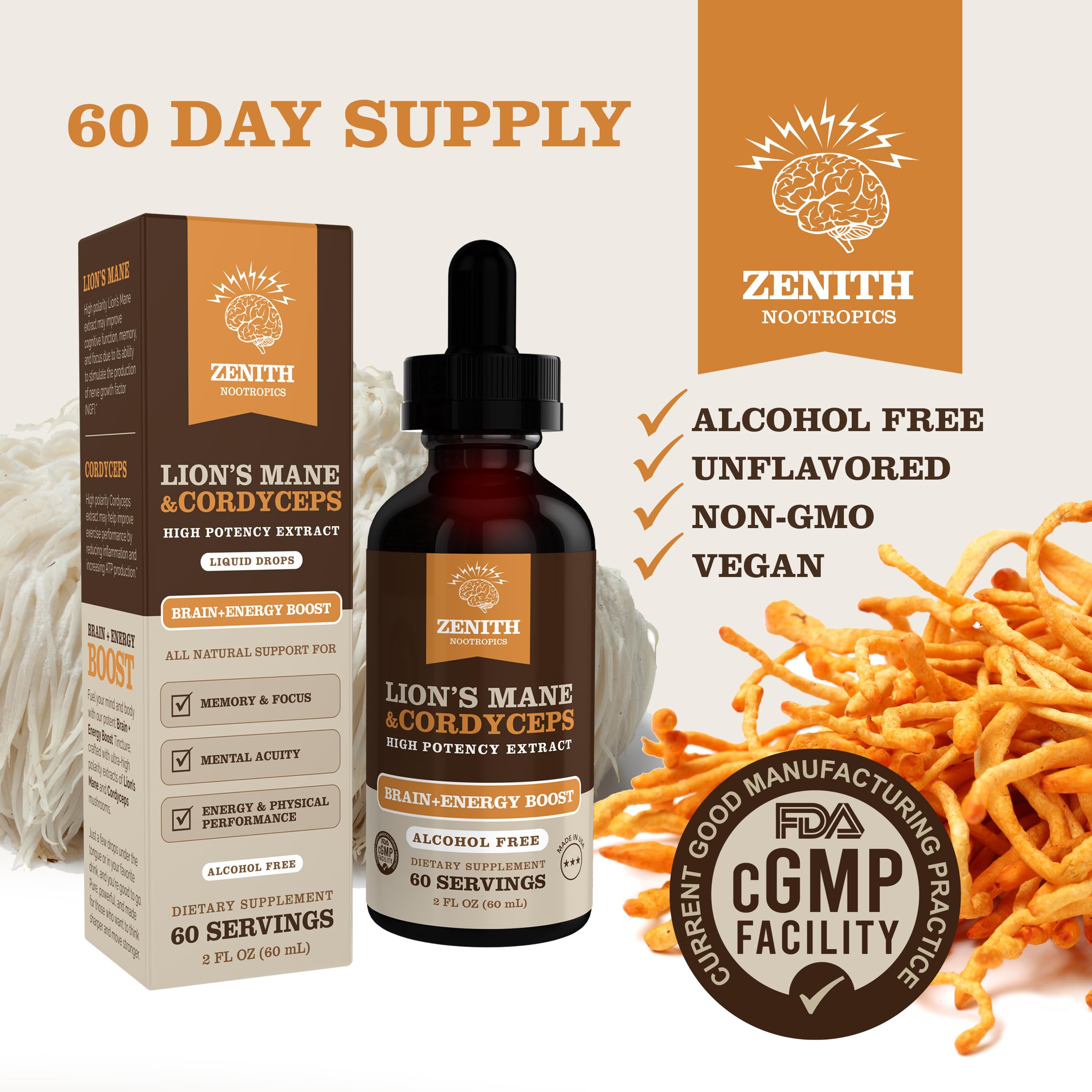 Zenith Nootropics Lion’s Mane & Cordyceps Supplement – Brain & Energy Support – Focus, Memory, Clarity, Immunity – Vegan, Alcohol-Free Tincture – Up-to 2-Month Supply, 2 fl oz Zenith Nootropics Au supplements