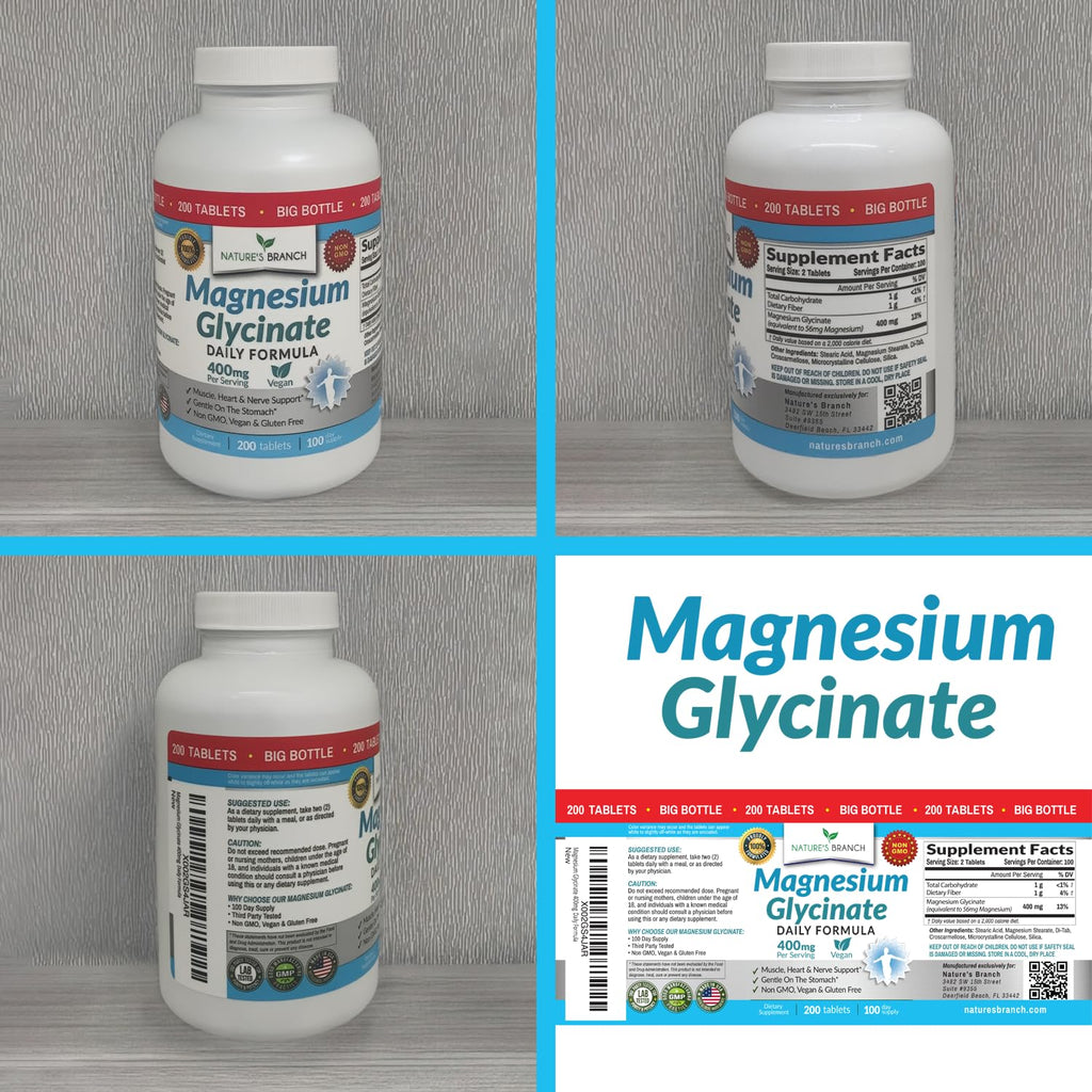 Magnesium Glycinate 400mg | 200 Tablets | High Absorption Mag Supplements for Sleep, Leg Cramps, Heart, Muscle, Calm | Non Buffered Bisglycinate, Extra Strength for Women and Men, Tablets Not Capsules NATURE'S BRANCH Au supplements