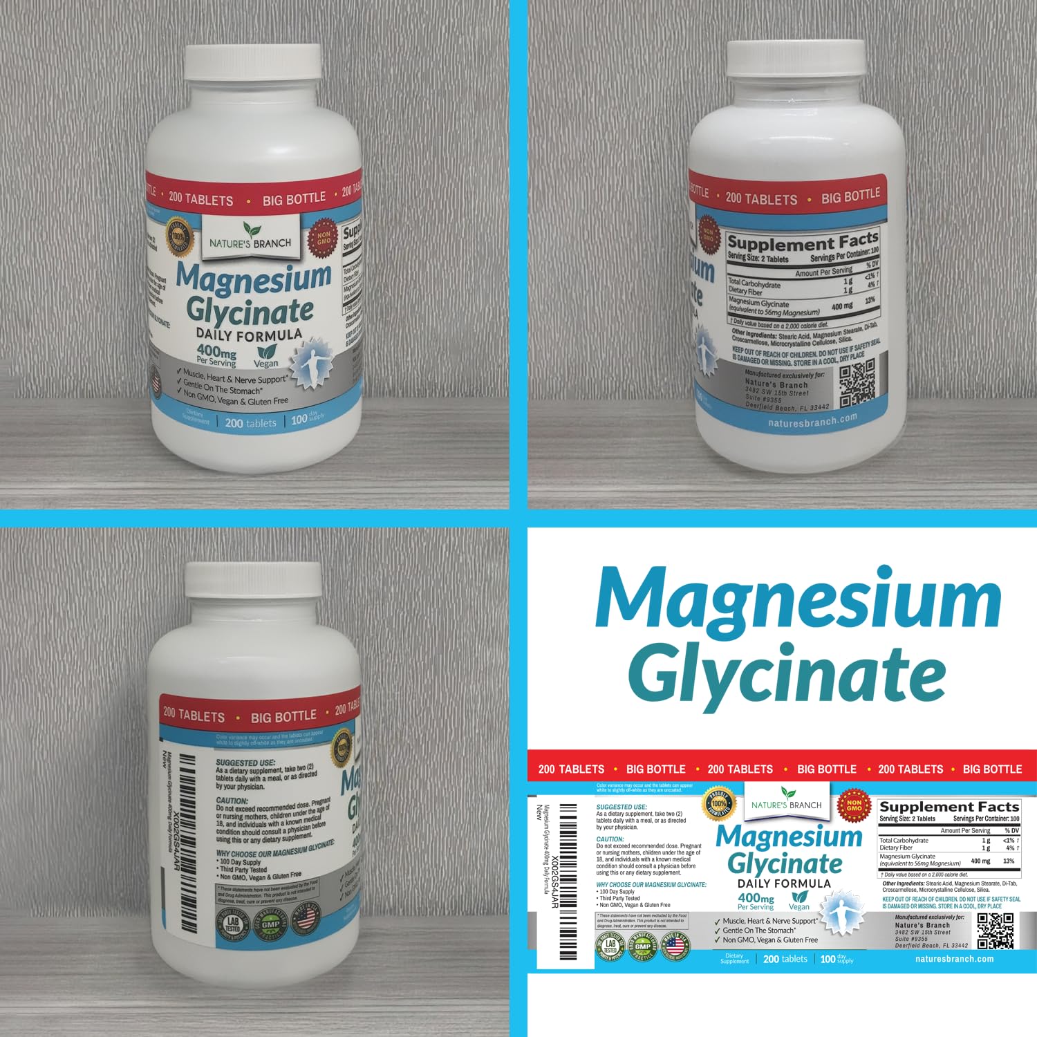 Magnesium Glycinate 400mg | 200 Tablets | High Absorption Mag Supplements for Sleep, Leg Cramps, Heart, Muscle, Calm | Non Buffered Bisglycinate, Extra Strength for Women and Men, Tablets Not Capsules NATURE'S BRANCH Au supplements