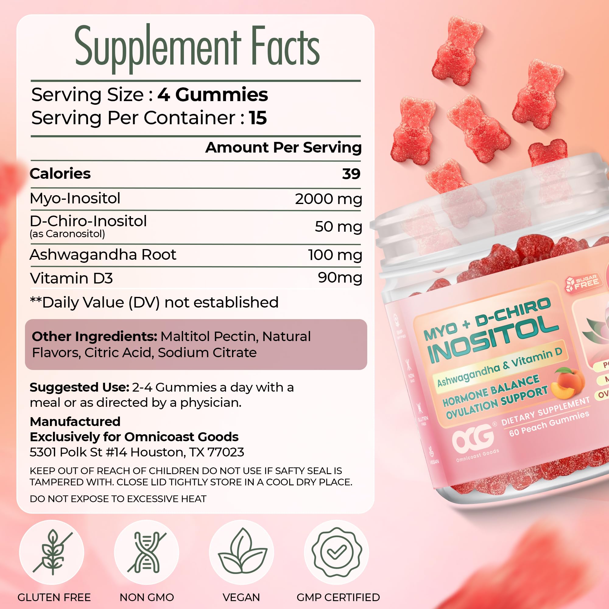OMNICOAST GOODS, OCG Myo-Inositol & D-Chiro Inositol Gummies with Ashwagandha | PCOS Support | Ovulation & Mood Support, 40:1 Ratio Inositol for Hormone Balance, Sugar-Free, Non-GMO (60 Gummies) OMNICOAST GOODS, OCG Au supplements