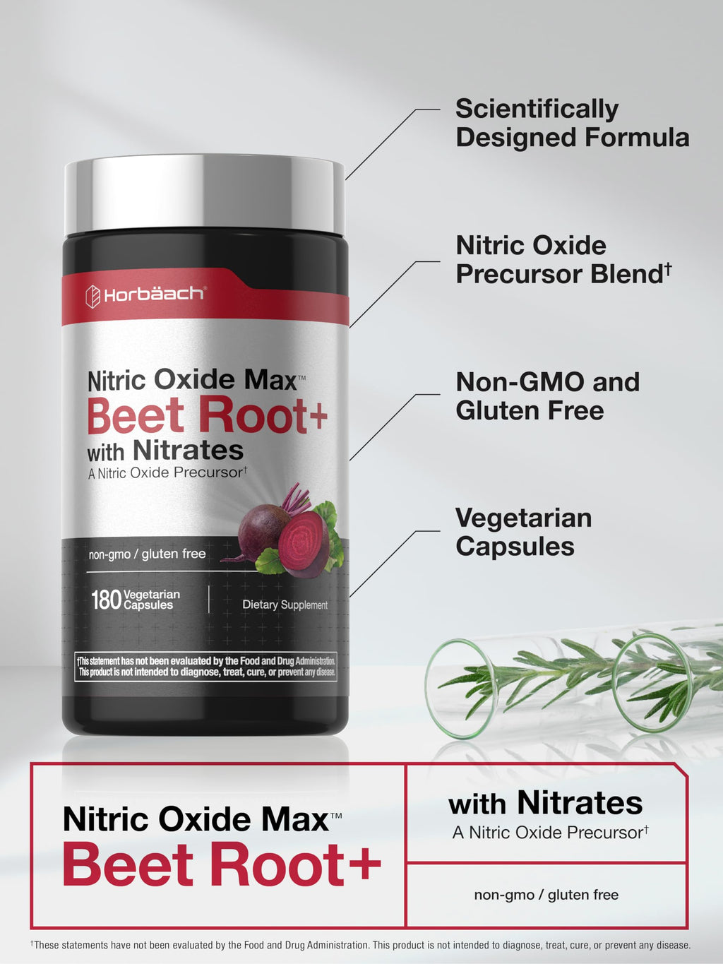 Horbäach Nitric Oxide Beet Root Capsules | 180 Count | with Nitrates and Precursor | for Men and Women | Vegetarian, Non-GMO