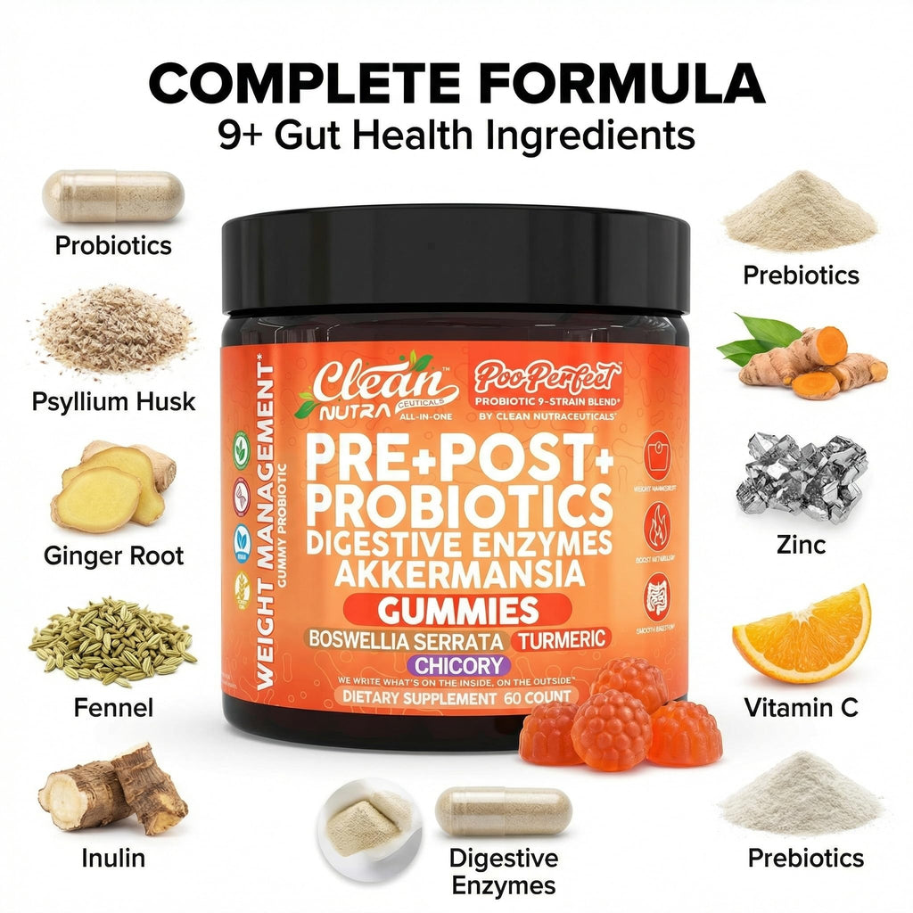 Clean Nutra Prebiotic Postbiotic Digestive Enzymes Gummies with Chicory Root, Boswellia Serrata, Turmeric, and Akkermansia | Pre+Post Probiotics Supplement