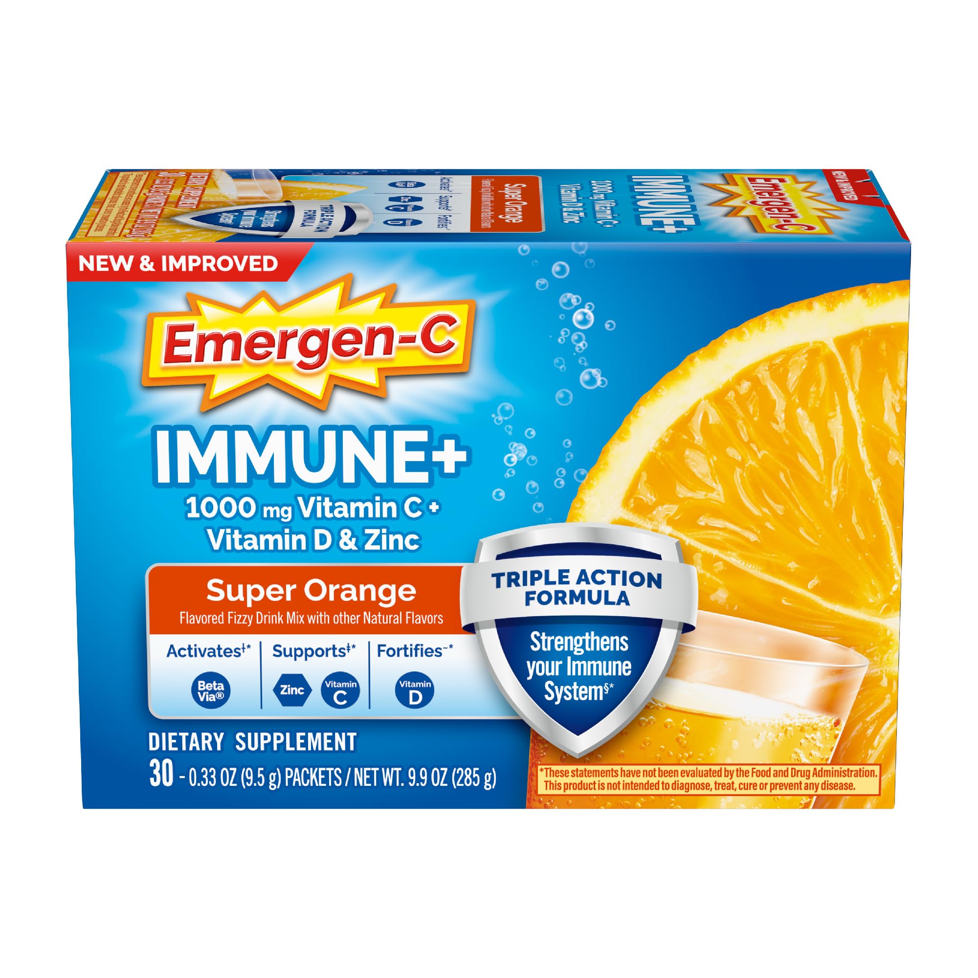 Emergen-C Immune+ Triple Action Immune Support Powder, BetaVia (R), 1000mg Vitamin C, B Vitamins, Vitamin D and Antioxidants