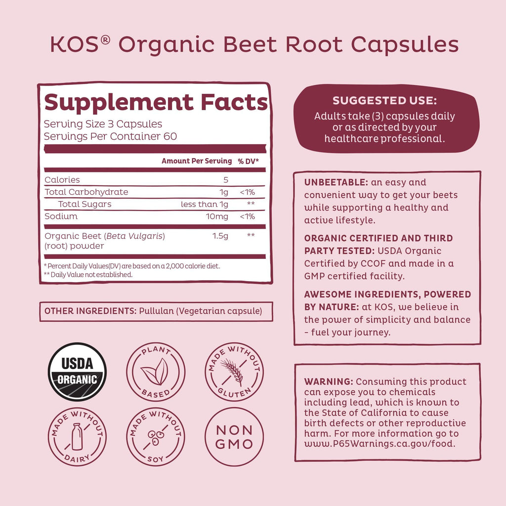 KOS Organic Beetroot Capsules 1500mg - USDA Organic, Antioxidant Power from Organic Beet Root Superfood, Supports Healthy & Active Lifestyle - Non-GMO,