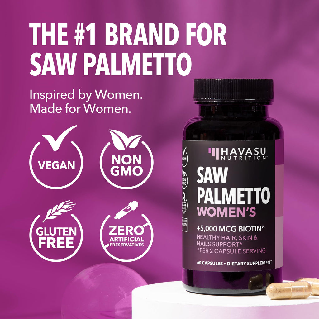 Saw Palmetto for Women with Biotin 5000mcg - Powerful DHT Blocker to Support Hair, Skin, and Nail Health - 60 Count - Vegan, Non-GMO Vitamin for Stronger,