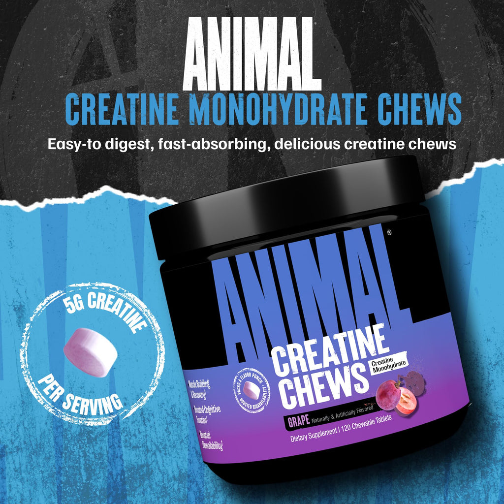 Animal Creatine Chews – 5g Creatine Monohydrate Tablets for Strength, Power & Training Recovery Support – Enhanced Absorption with AstraGin® – Convenient Chewable Format – 120 Tablets Animal Au supplements