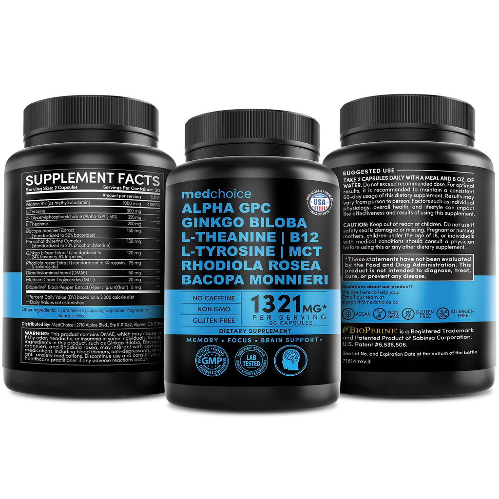 12-in-1 Nootropic Brain Supplement Anhydrous: Ginkgo Biloba for Brain Support, Memory and Focus - B12, Alpha GPC, L Theanine and Choline Supplements with Bioperine non Caffeinated 1321mg (120ct) MEDCHOICE Au supplements