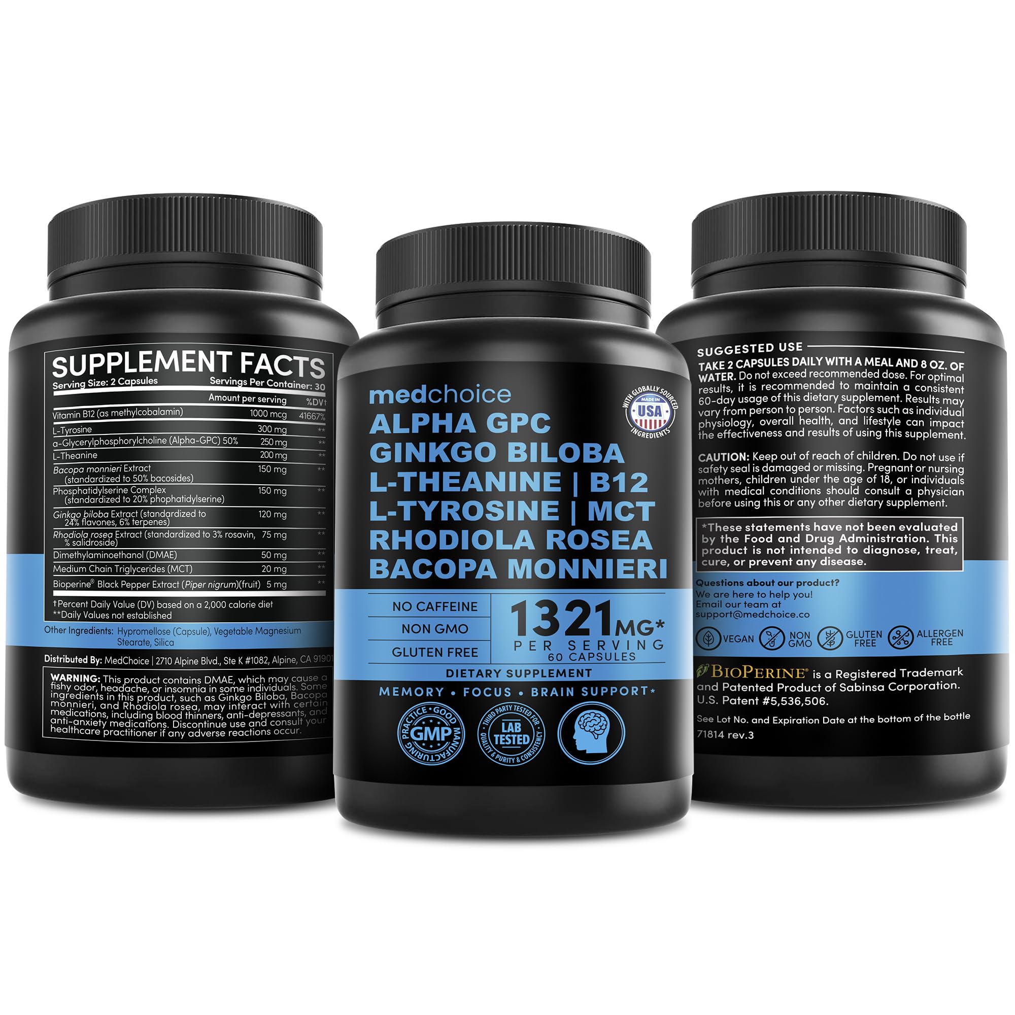 12-in-1 Nootropic Brain Supplement Anhydrous: Ginkgo Biloba for Brain Support, Memory and Focus - B12, Alpha GPC, L Theanine and Choline Supplements with Bioperine Non Caffeinated 1321mg (60ct) MEDCHOICE Au supplements