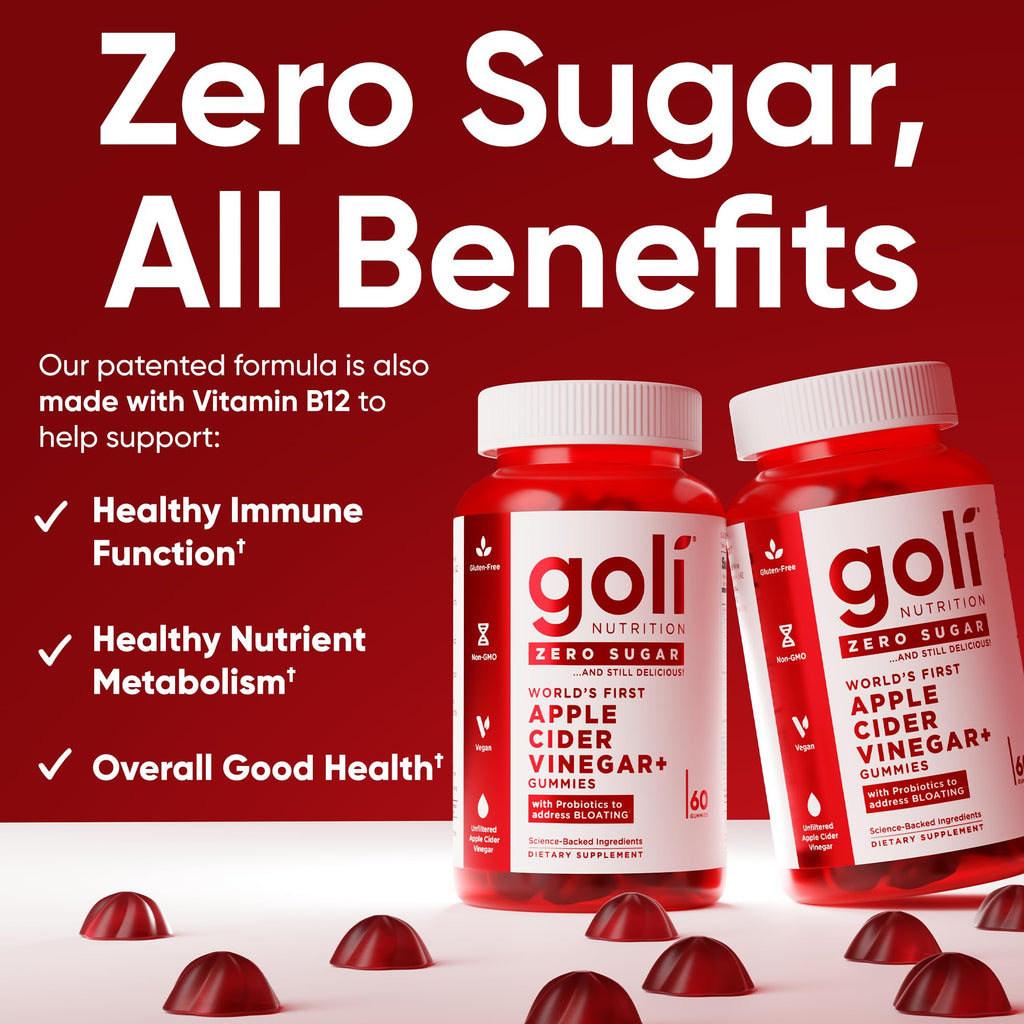 Goli Zero Sugar Apple Cider Vinegar Gummies - ACV with Vitamin B12 and Probiotics - No Sugar Alcohols - Vegan, Keto-Friendly, Gluten-Free