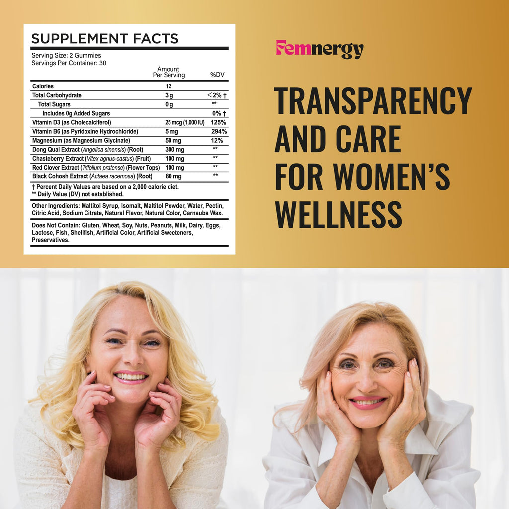 Femnergy Perimenopause Support Gummies for Women - Menopause Relief Estrogen & Hormone Balance Supplement with Black Cohosh Chasteberry Vitamins D3 B6 for Hot Flashes Night Sweats & Mood Swings Femnergy Au supplements