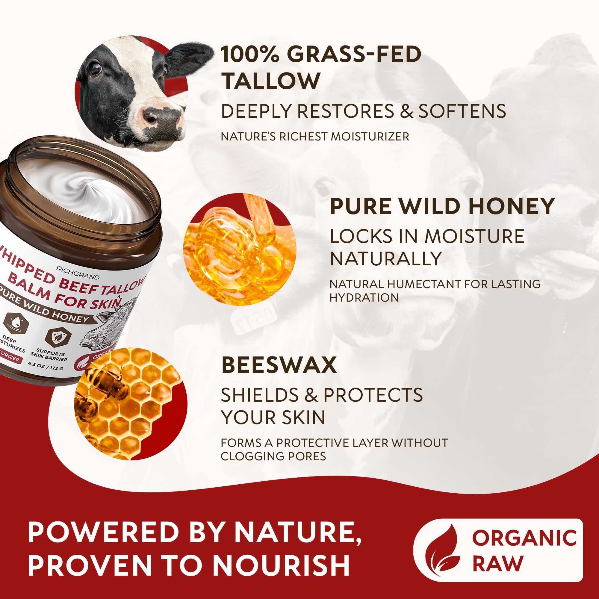 RICHGRAND Beef Tallow for Skin - Whipped Tallow and Honey Balm - Grass Fed Beef Tallow for Face, Daily Moisturizer & Body Butter
