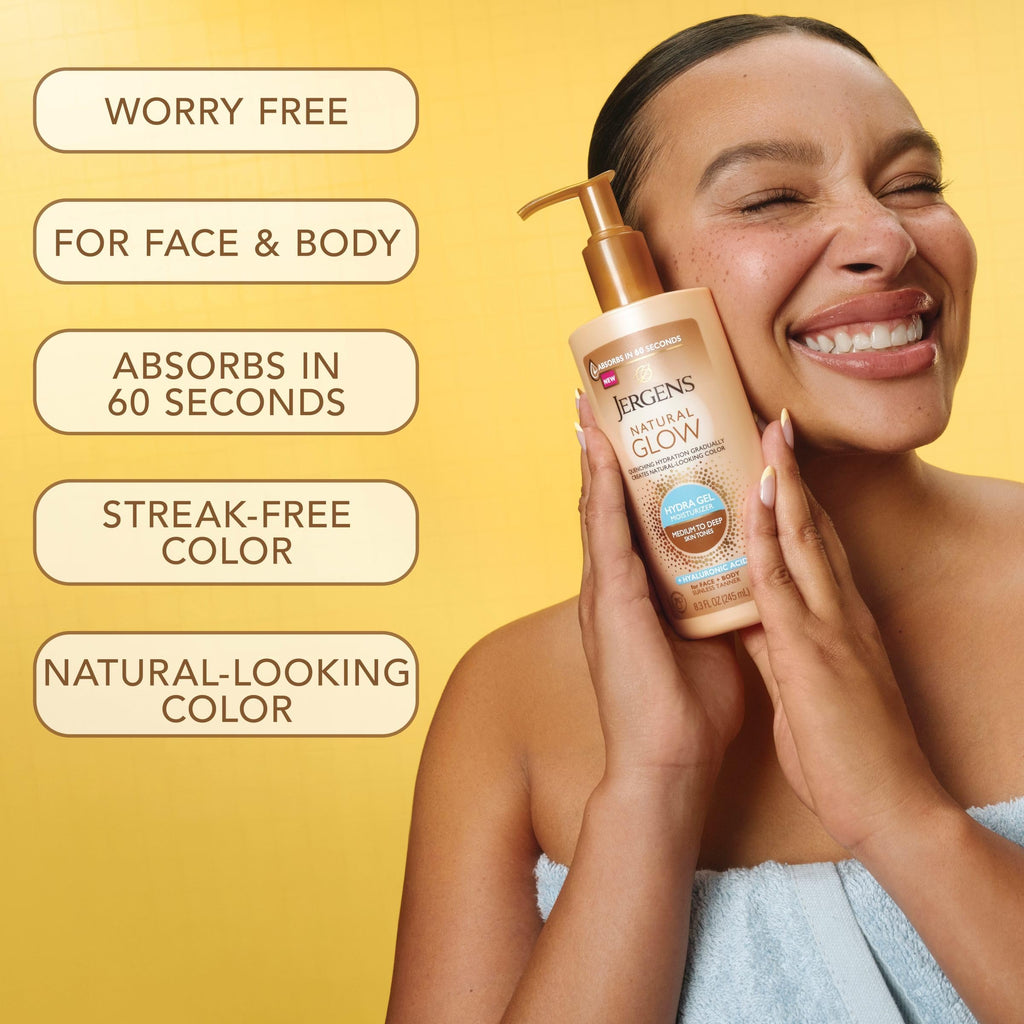 Jergens Natural Glow Hydra Gel Moisturizer, Hyaluronic Acid Tanning Lotion, Hydrating Tanning Gel, Fragrance-Free Self Tanner