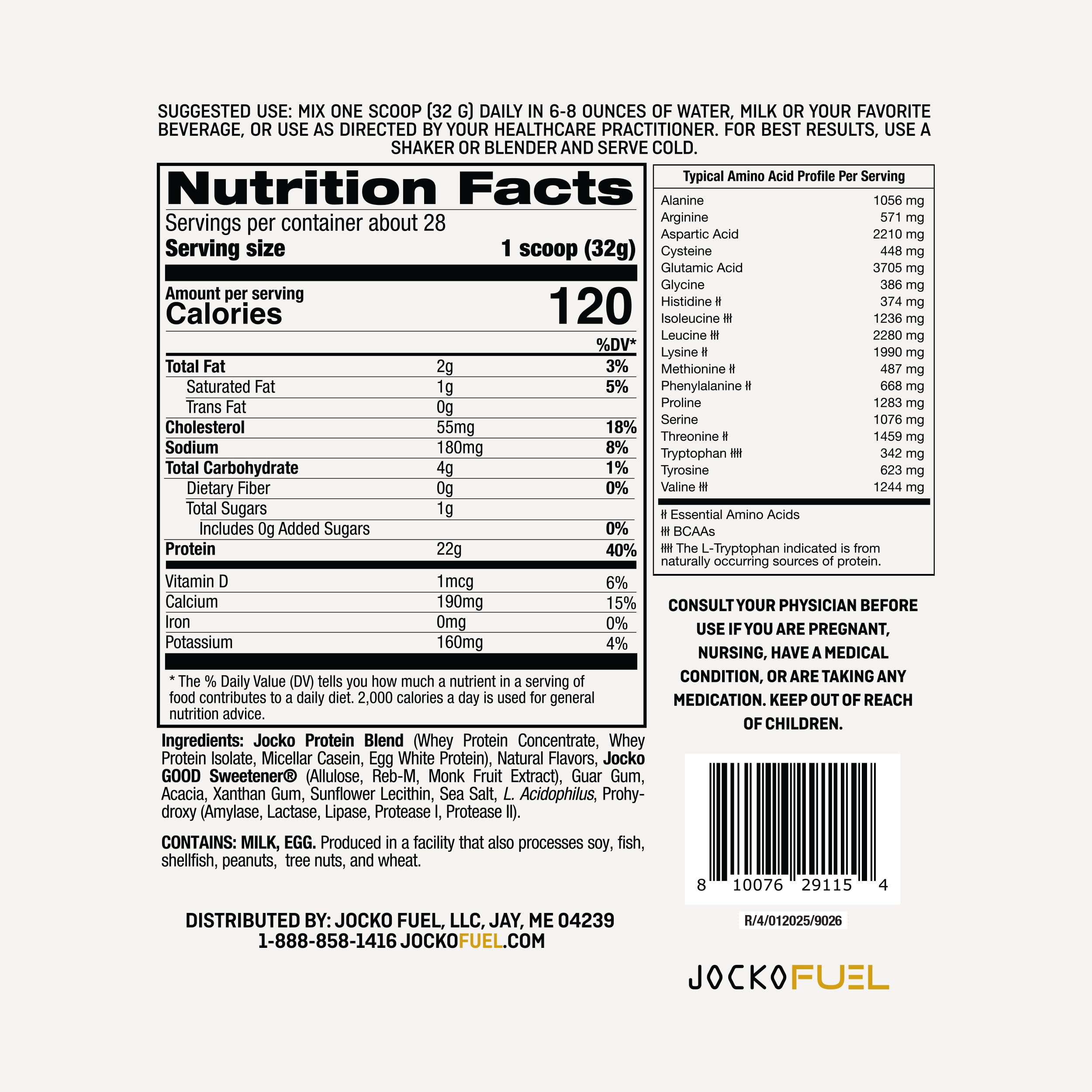 Jocko Fuel Whey Protein Powder, Vanilla Milkshake, 22g Protein, Digestive Enzymes + Probiotic Blend, No Sugar Added, with Essential Amino Acids + Electrolyte Minerals, 28 Servings
