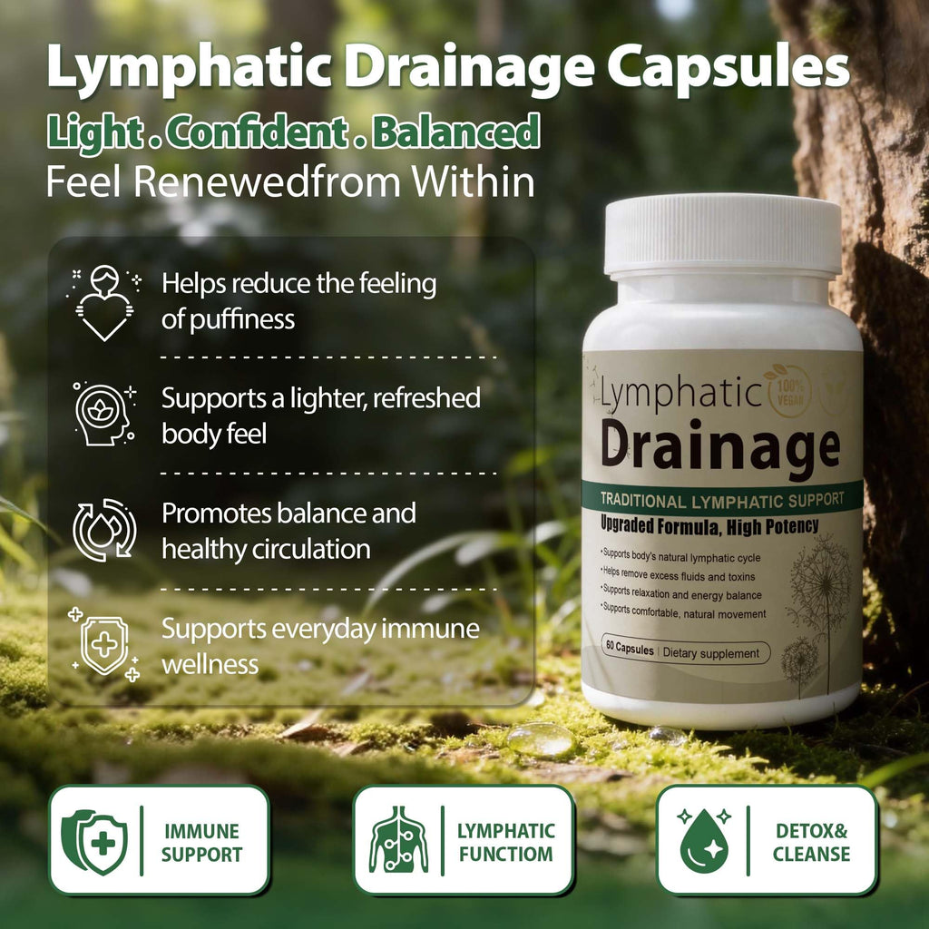Lymphatic Drainage Capsules Natural Herbal Supplement for Immune Health & Fluid Balance, with Echinacea, Dandelion, and Burdock 60 Capsules