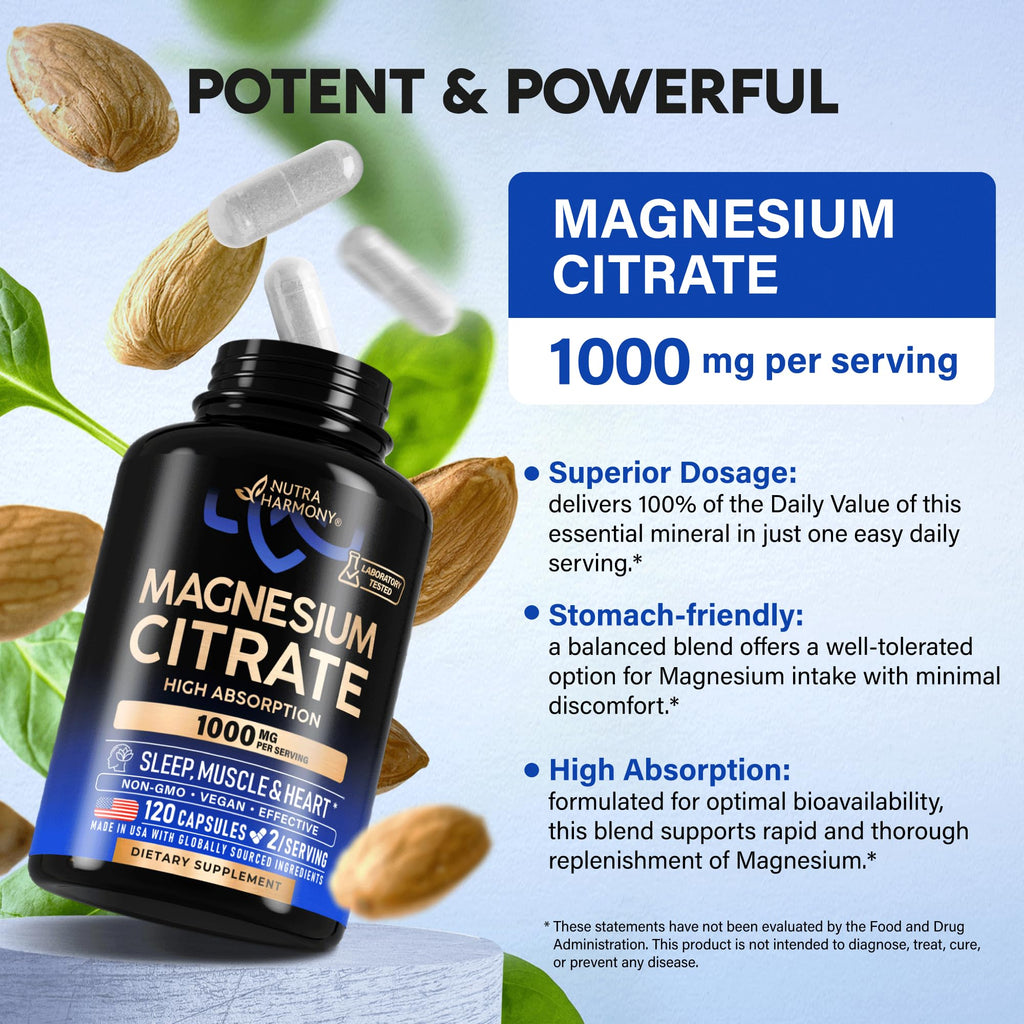 Magnesium Citrate Capsules 1000mg | High Absorption Supplement - Sleep, Muscle & Heart Support - Vegan | Non-GMO - Made in USA - As Powder