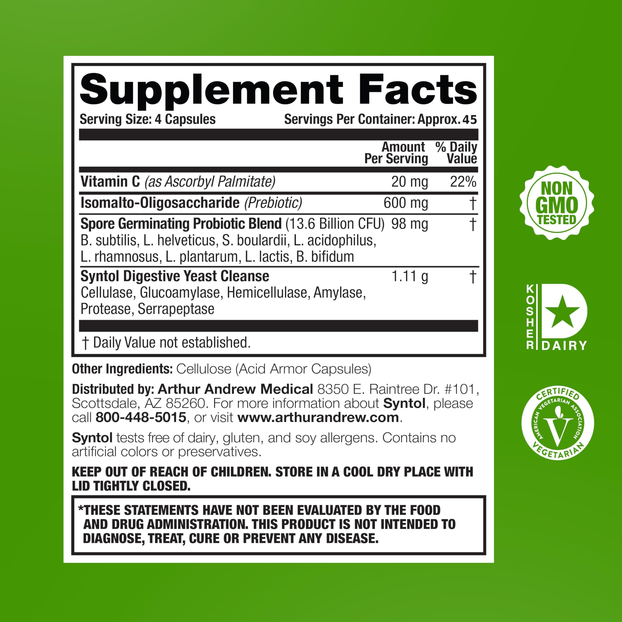 Arthur Andrew Medical, Syntol, 3-in-1 Formula with Probiotics, Prebiotic Fiber & Yeast Cleansing Multi-Enzymes, 180