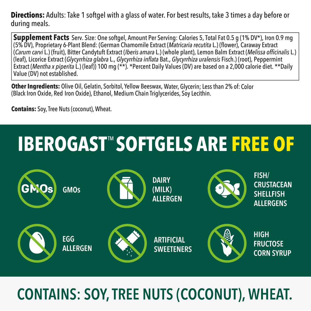 Iberogast Softgels, Herbal Relief of Stomach Upsets: Occasional Indigestion, Bloating, Gas, Nausea, Upset Stomach; 6-Herb Blend with Iberis Amara,