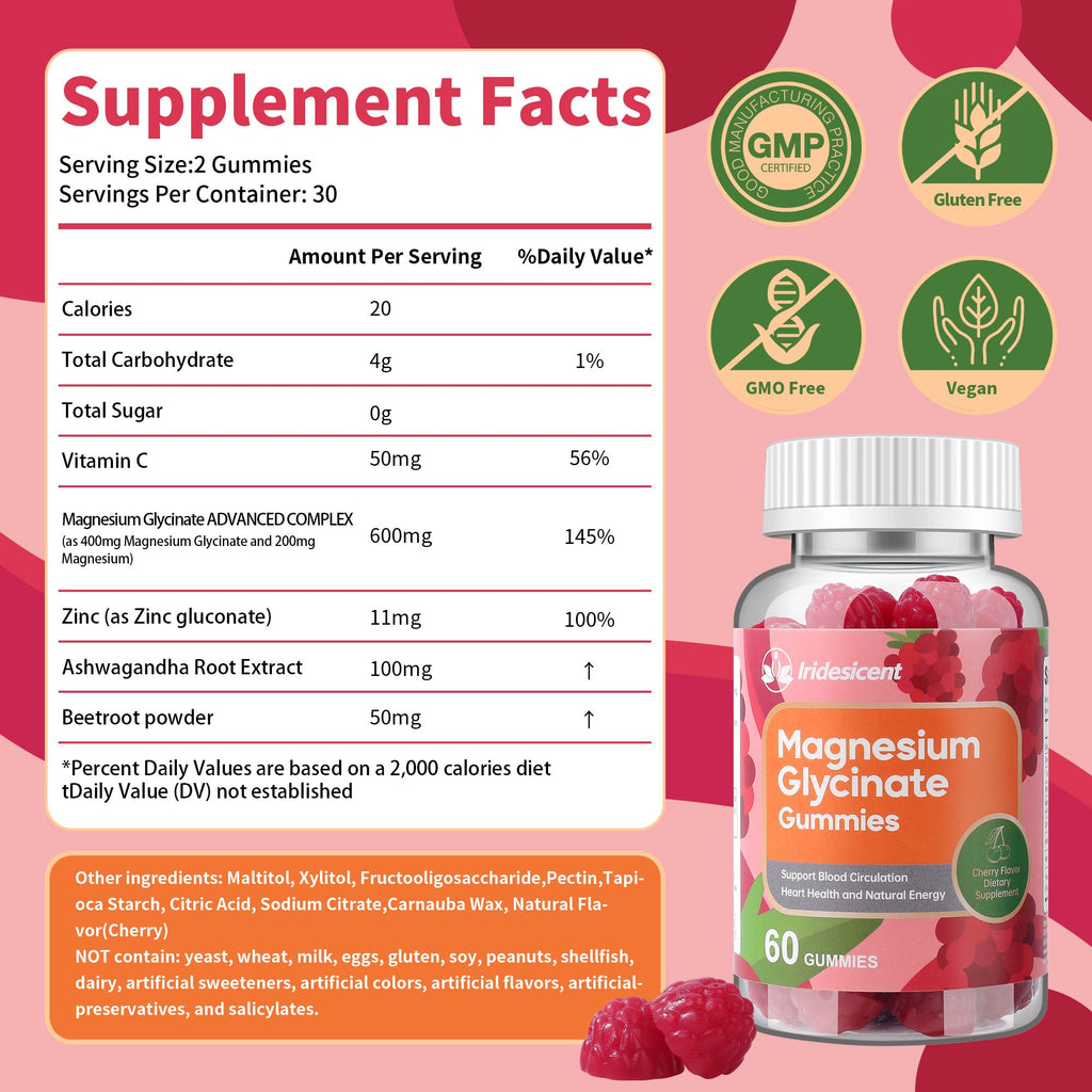 IRIDESICENT Magnesium Glycinate Gummies 400mg, Sugar Free Magnesium Supplement w/Ashwagandha, Zinc, Vegan Magnesium Glycinate Supplement for Adults - 120 Cherry Gummies IRIDESICENT Au supplements