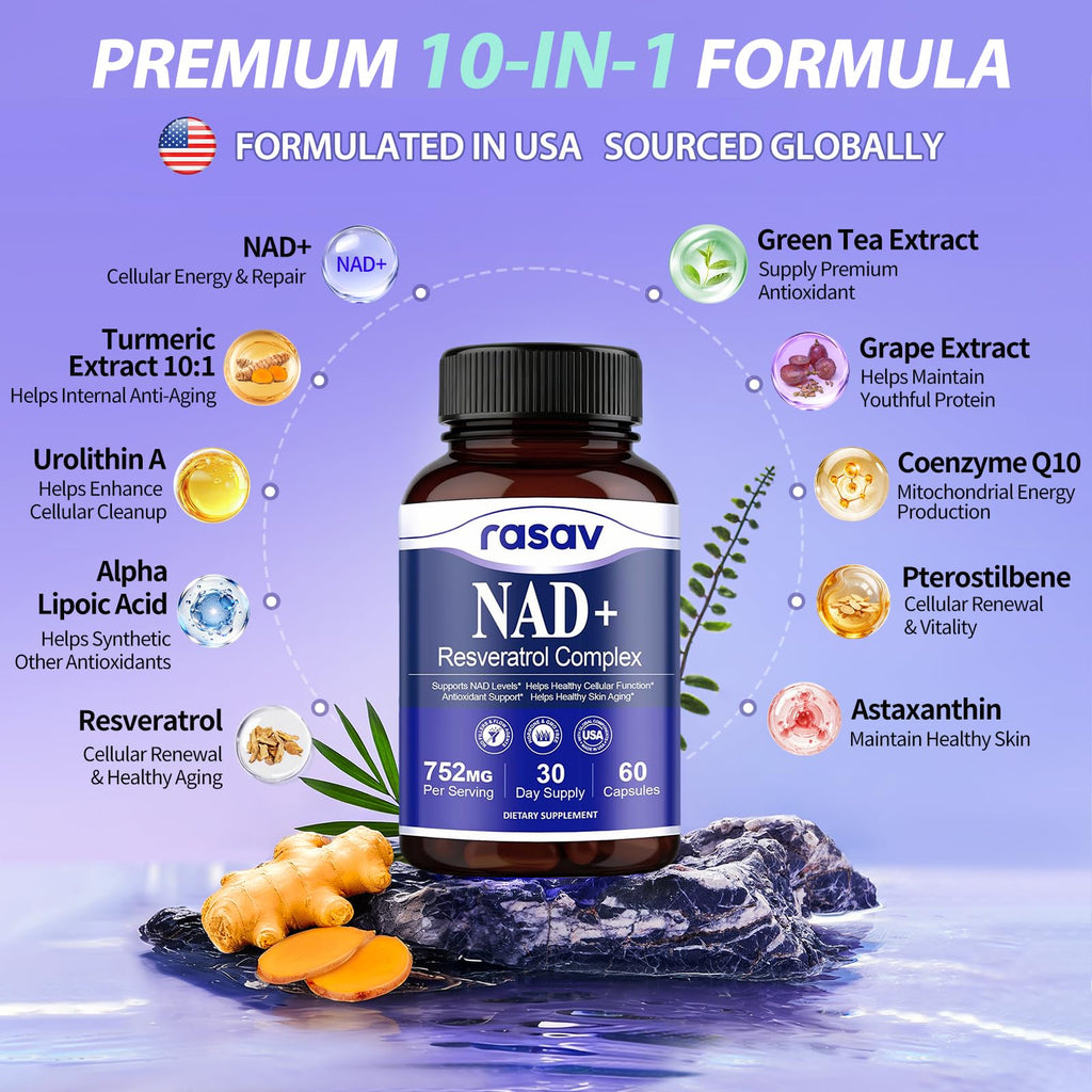 Rasav NAD Supplement 10-in-1 Extra Strength – NAD Resveratrol with CoQ10, Urolithin A, Green Tea Extract & ALA – NMN Supplement Alternative for Women & Men Rasav Au supplements