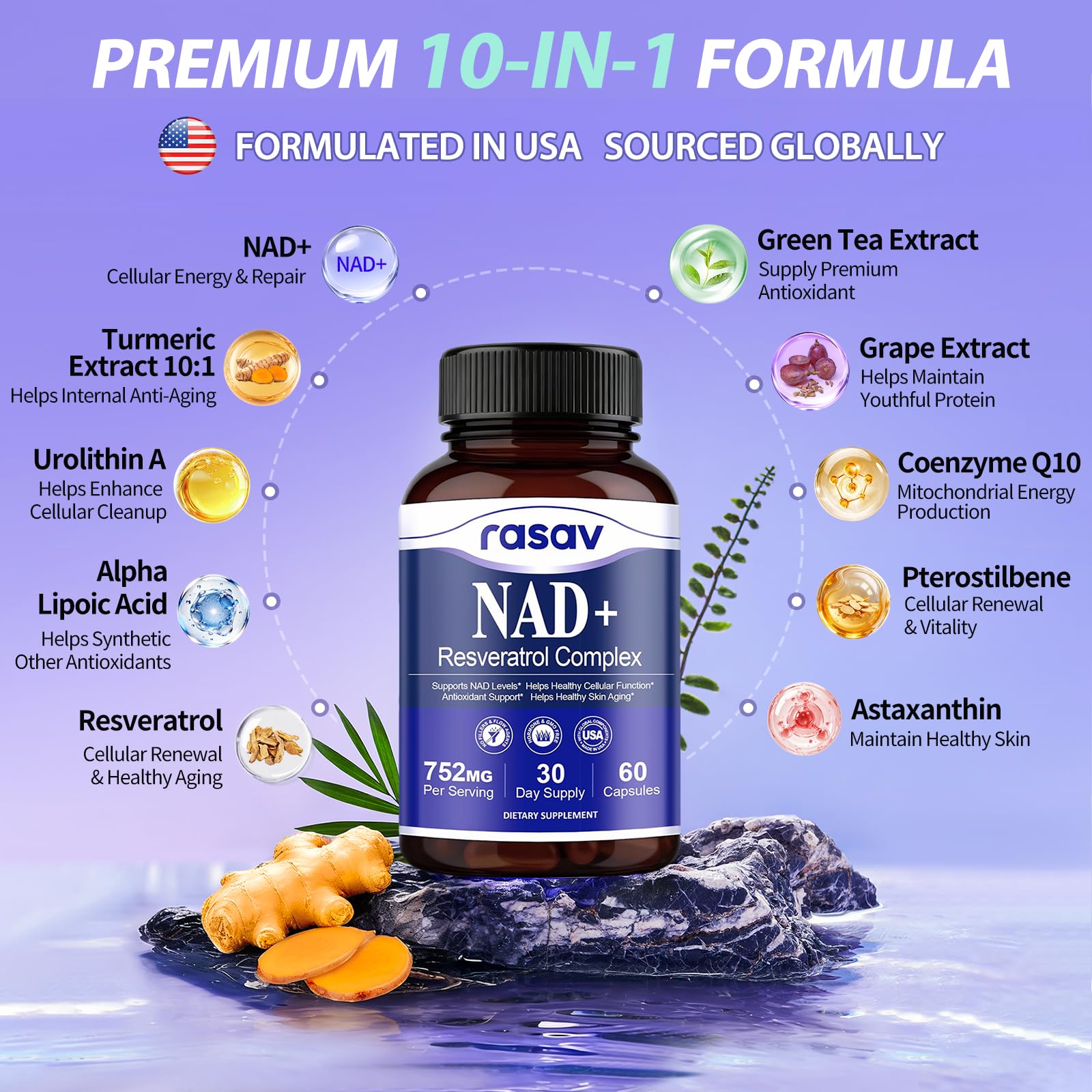 Rasav NAD Supplement 10-in-1 Extra Strength – NAD Resveratrol with CoQ10, Urolithin A, Green Tea Extract & ALA – NMN Supplement Alternative for Women & Men Rasav Au supplements