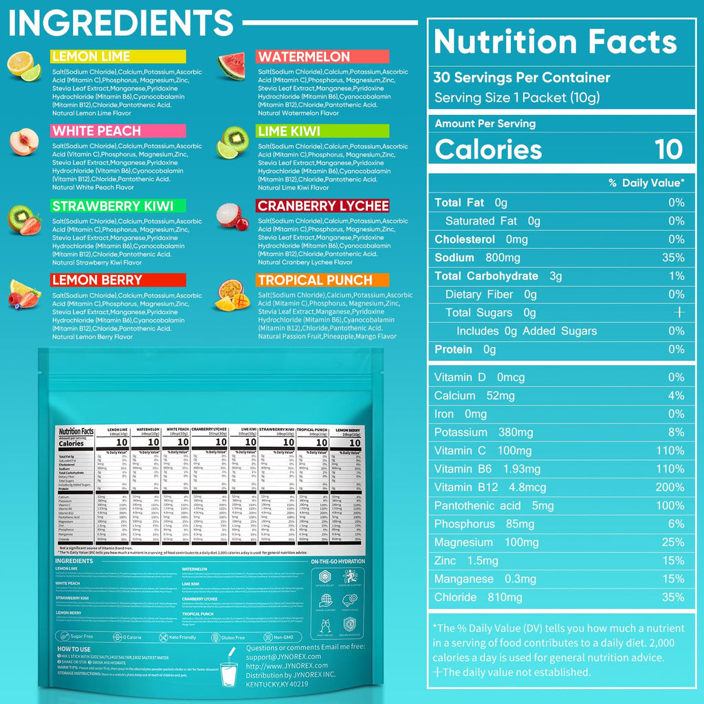 JYNOREX Electrolytes Powder Packets Sugar Free, 30 Sticks High Sodium Hydration Packets, Electrolyte Drink Mix with Lemon Lime Watermelon Peach Berry Kiwi