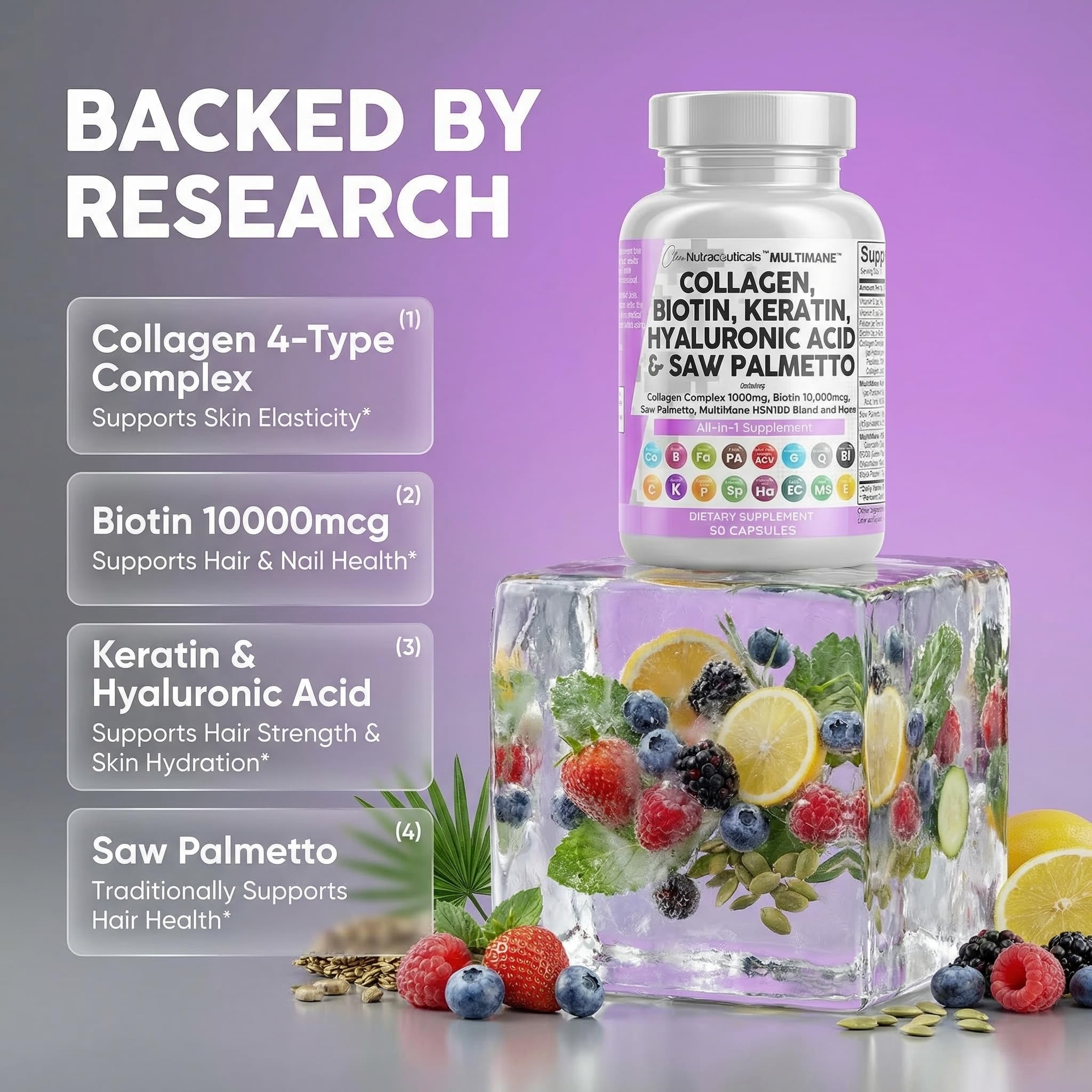 Clean Nutraceuticals Collagen Pills 1000mg Biotin 10000mcg Keratin Saw Palmetto Hyaluronic Acid - Hair Skin & Nails Vitamins & DHT Blocker with Vitamin E Folic Acid