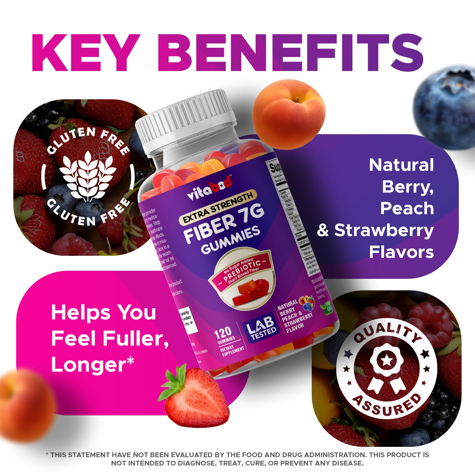 Vitabod Fiber Gummies 7G Per Serving for Digestive Health & Regularity, Prebiotic GOFOS™ Plant-Based Fiber, No Sugar Added, Vegan, Berry Peach Strawberry, 120 Gummies (Adults, Women & Men)