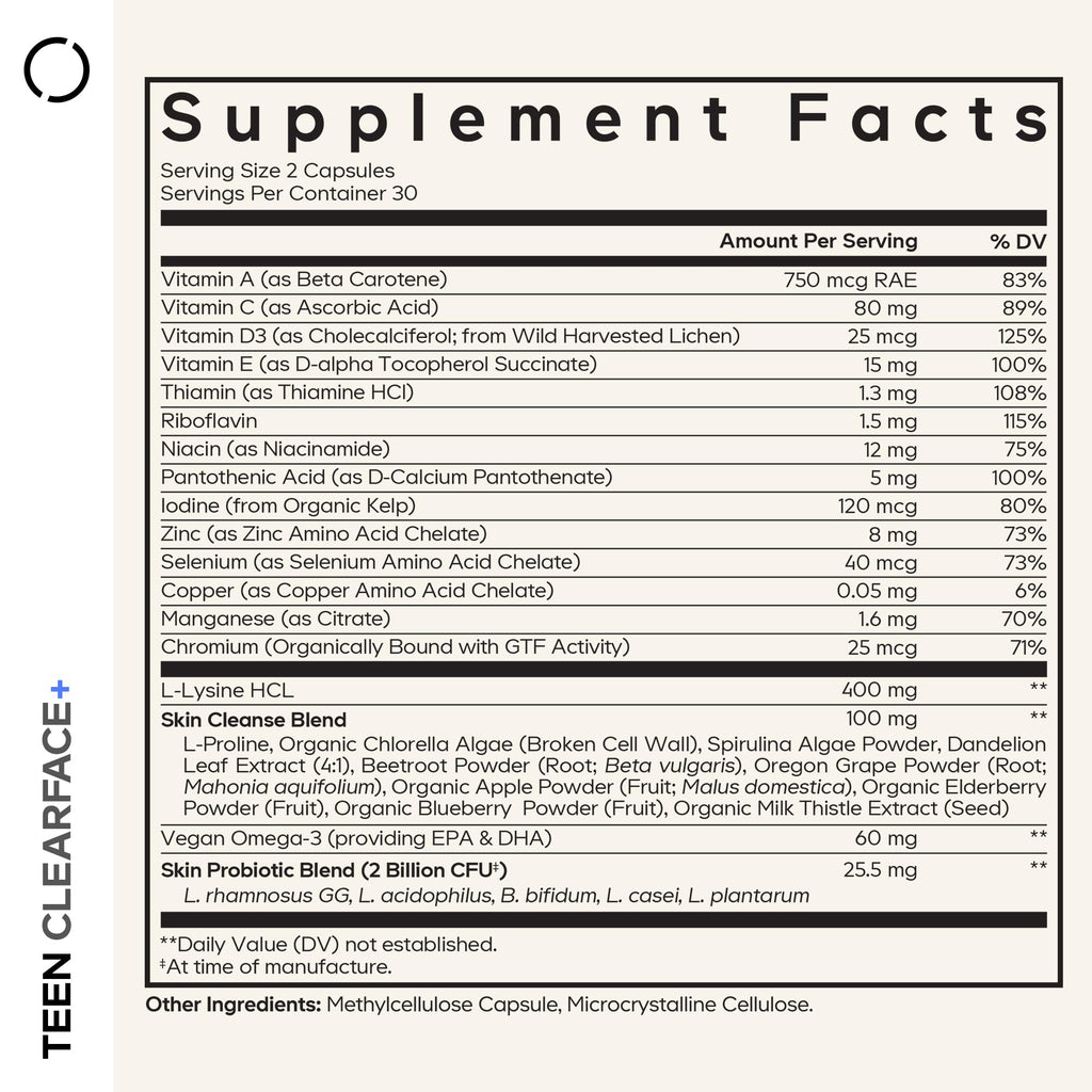 Codeage Teen Clearface Adolescent Face, Skin & Pimples, Vitamins A, C, D3, E, Pantothenic Acid, Niacin, Zinc Supplement Teenagers, Probiotics, L-Lysine, Omega-3, Oily Skin, Pores, Spots - 60 Capsules Codeage Au supplements