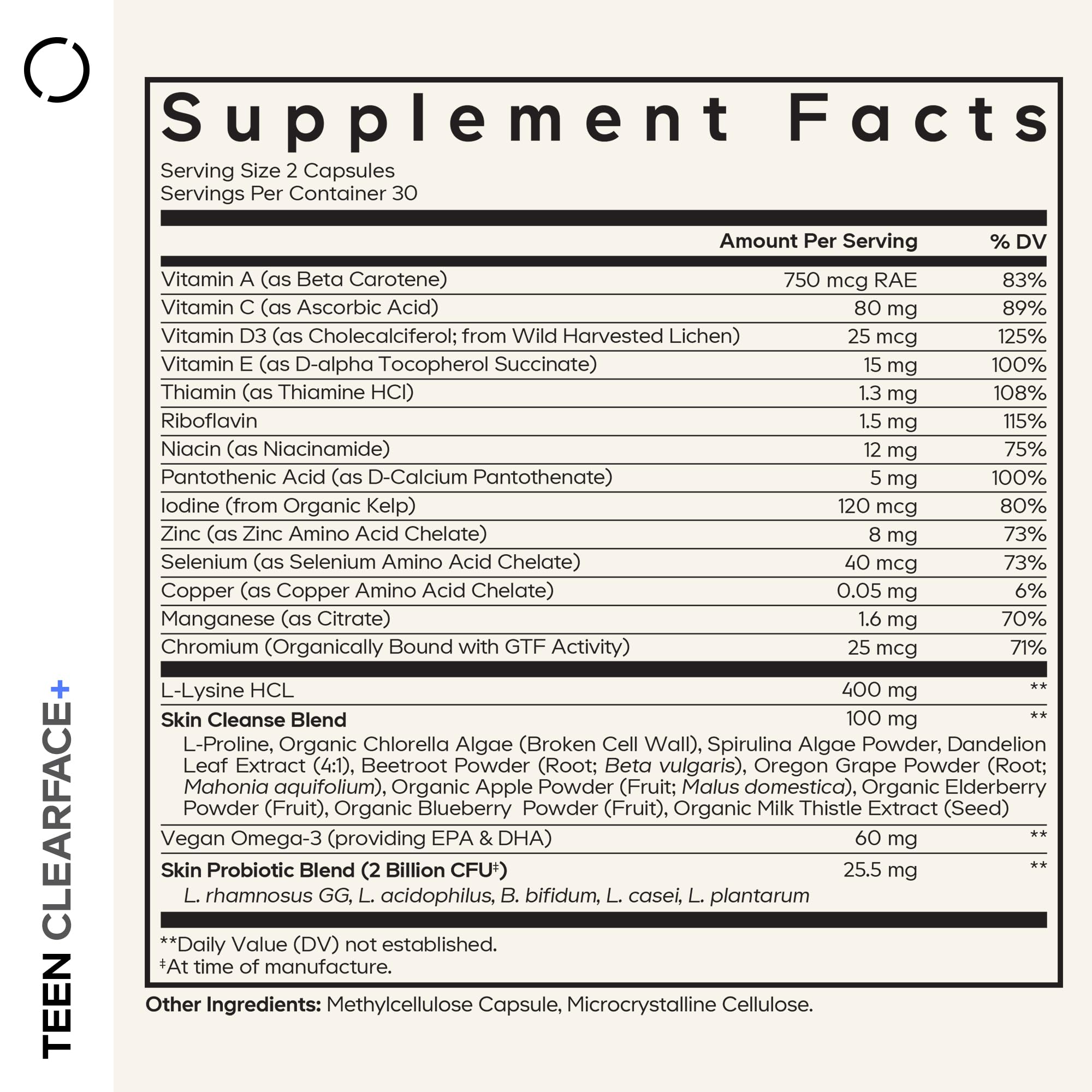 Codeage Teen Clearface Adolescent Face, Skin & Pimples, Vitamins A, C, D3, E, Pantothenic Acid, Niacin, Zinc Supplement Teenagers, Probiotics, L-Lysine, Omega-3, Oily Skin, Pores, Spots - 60 Capsules Codeage Au supplements