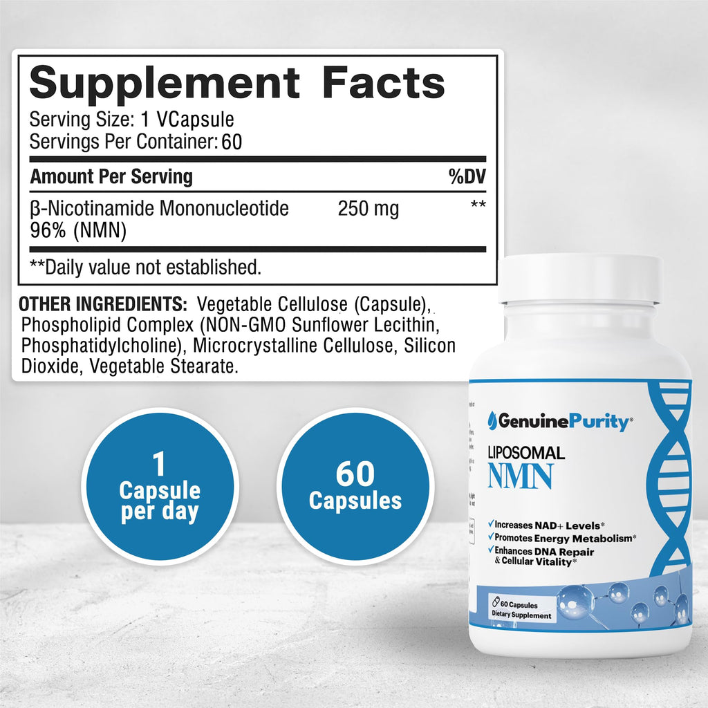GenuinePurity - 250mg Liposomal NMN Supplement - 60 Vegan Capsules to Support NAD+ Production, Cellular Energy & Healthy Aging - Nicotinamide Mononucleotide for Metabolic Wellness & Immune Support GenuinePurity Au supplements