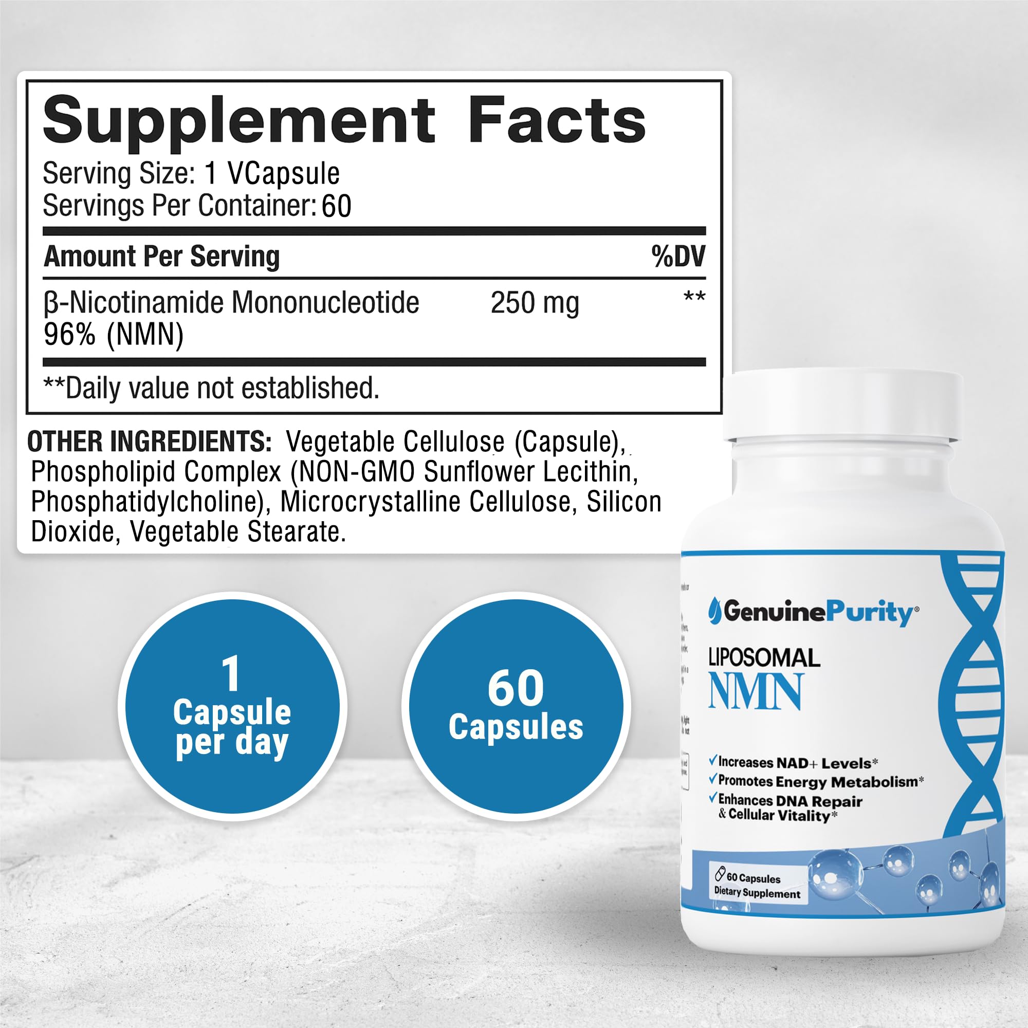 GenuinePurity - 250mg Liposomal NMN Supplement - 60 Vegan Capsules to Support NAD+ Production, Cellular Energy & Healthy Aging - Nicotinamide Mononucleotide for Metabolic Wellness & Immune Support GenuinePurity Au supplements