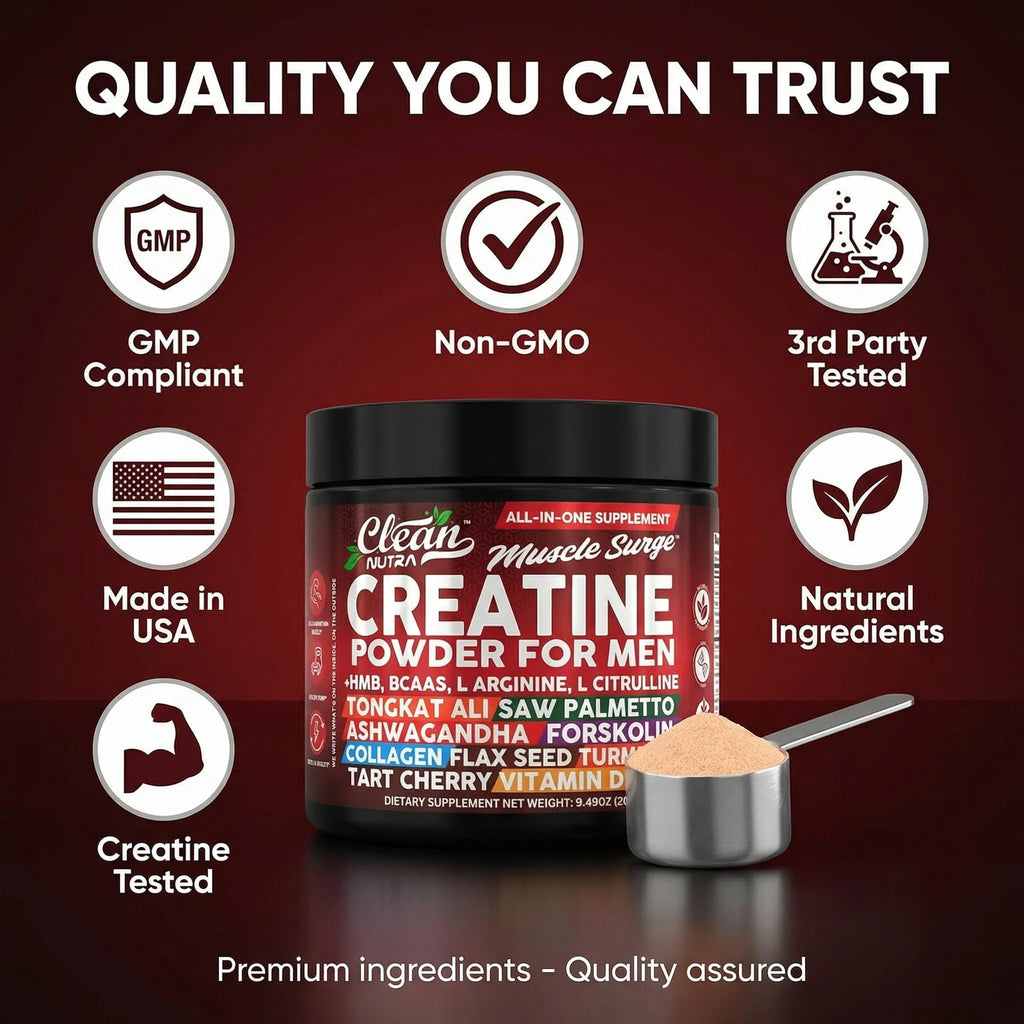 Clean Nutra Creatine Powder for Men + HMB BCAA L Arginine L Citrulline Tongkat Ali Saw Palmetto Ashwagandha Collagen Flax Seed Turmeric Preworkout Stevia