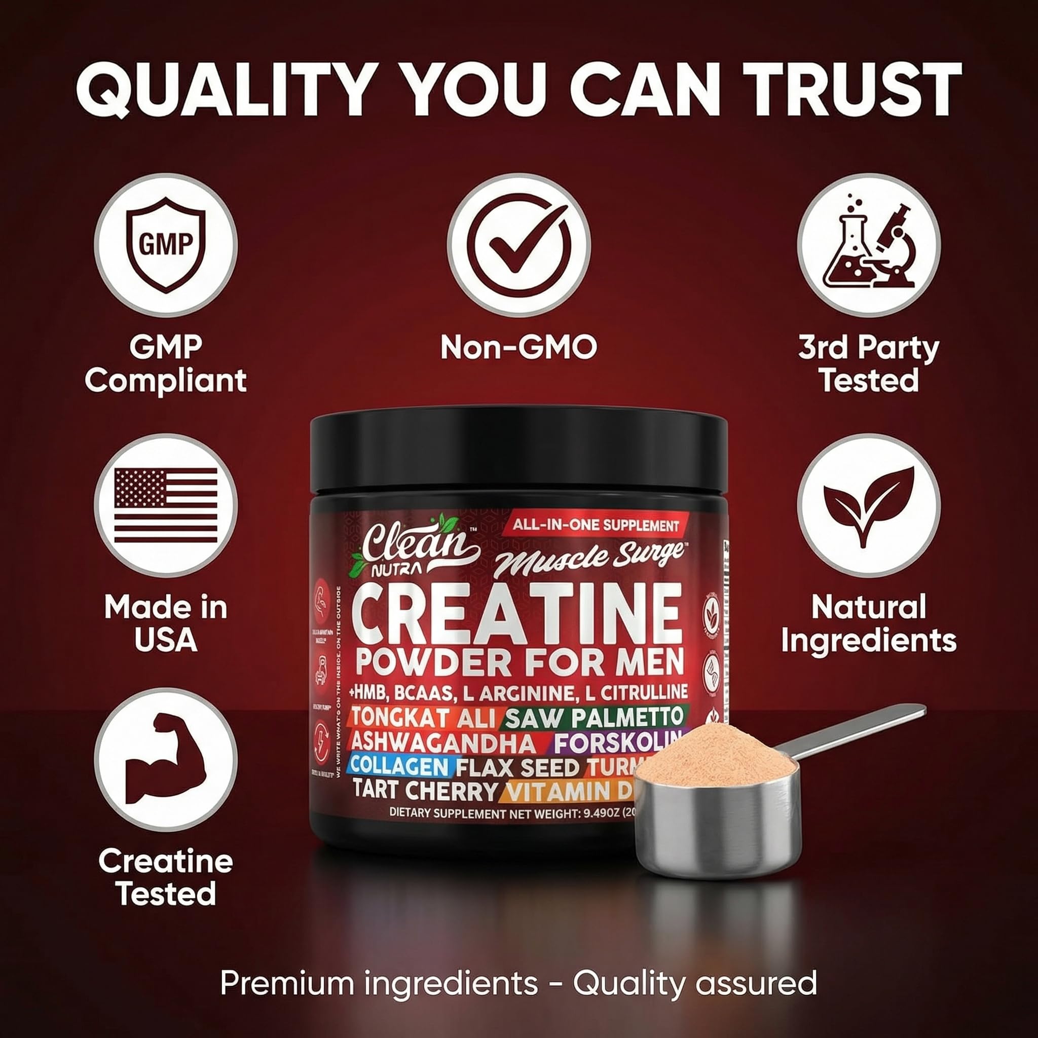 Clean Nutra Creatine Powder for Men + HMB BCAA L Arginine L Citrulline Tongkat Ali Saw Palmetto Ashwagandha Collagen Flax Seed Turmeric Preworkout Stevia