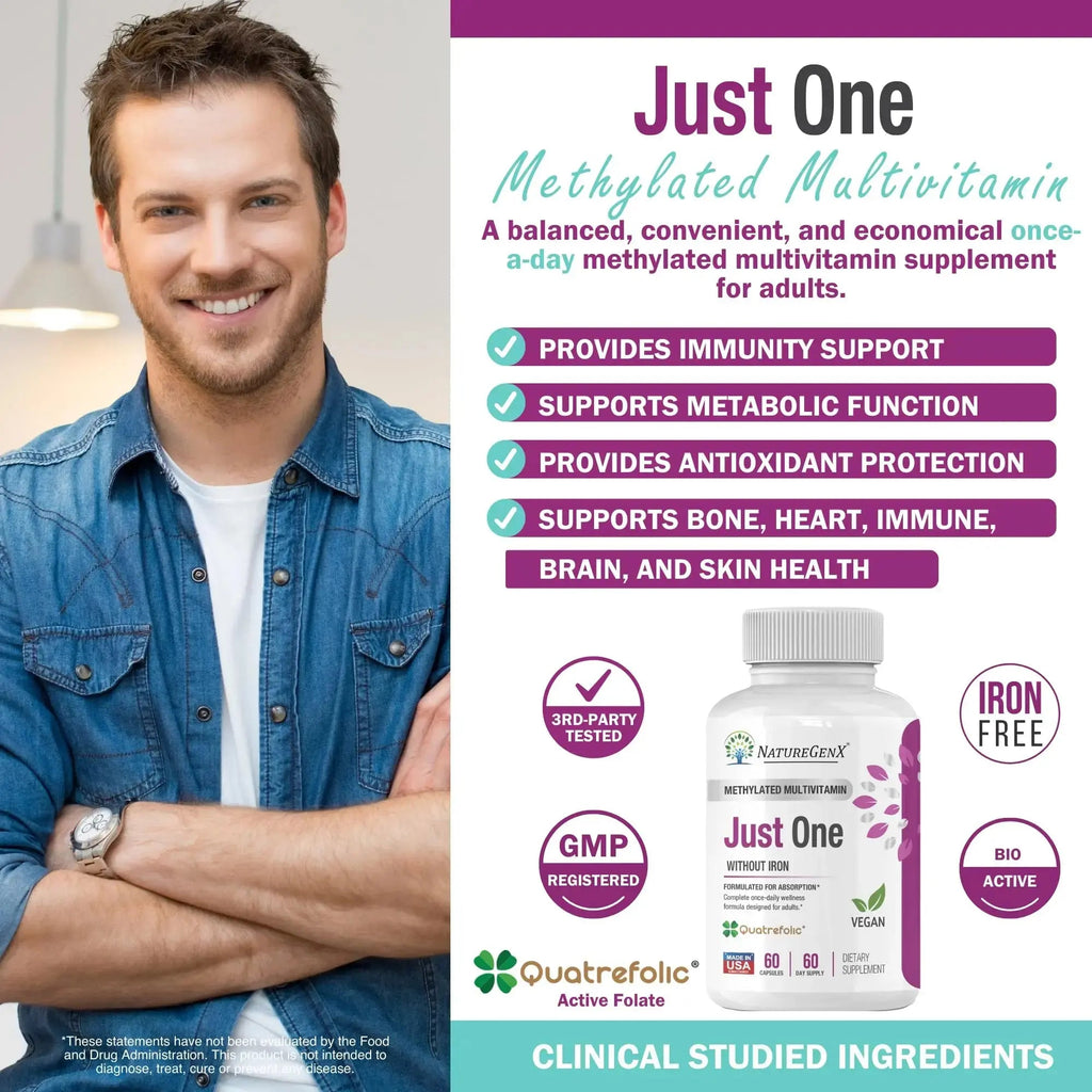 NatureGenX Just One Daily Methylated Multivitamin - 60 Caps Pure Methyl B12, Methylfolate MTHFR Support Supplement Iron Free Methylated Vitamins NatureGenX Au supplements